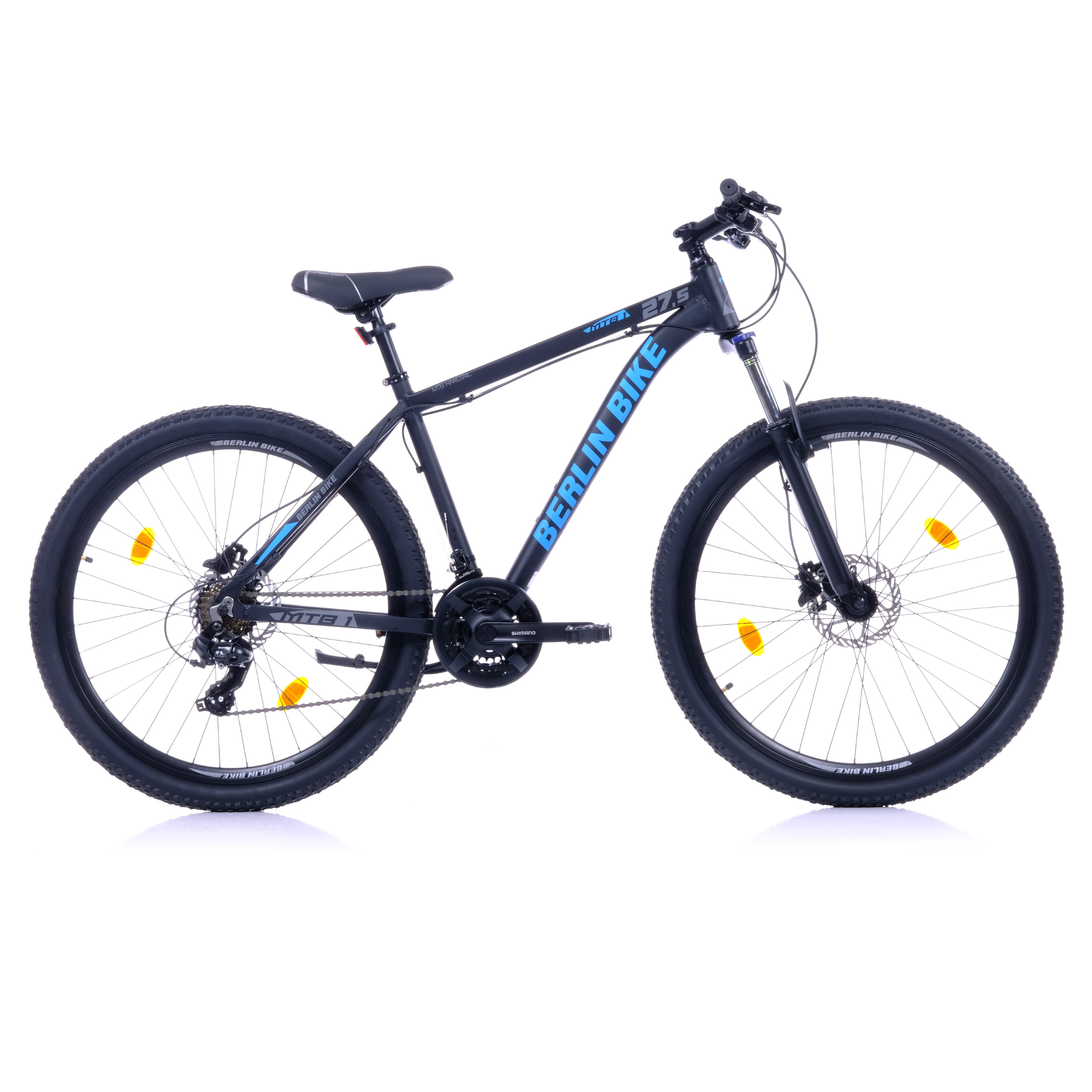Ein schwarzes Mountainbike mit blauer Schrift 'BERLIN BIKE'.