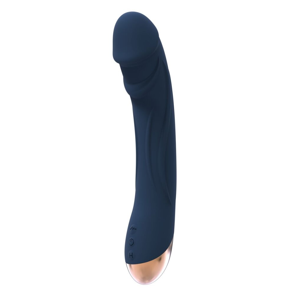 Dunkelblauer Vibrator mit goldener Kappe und Bedienelementen.