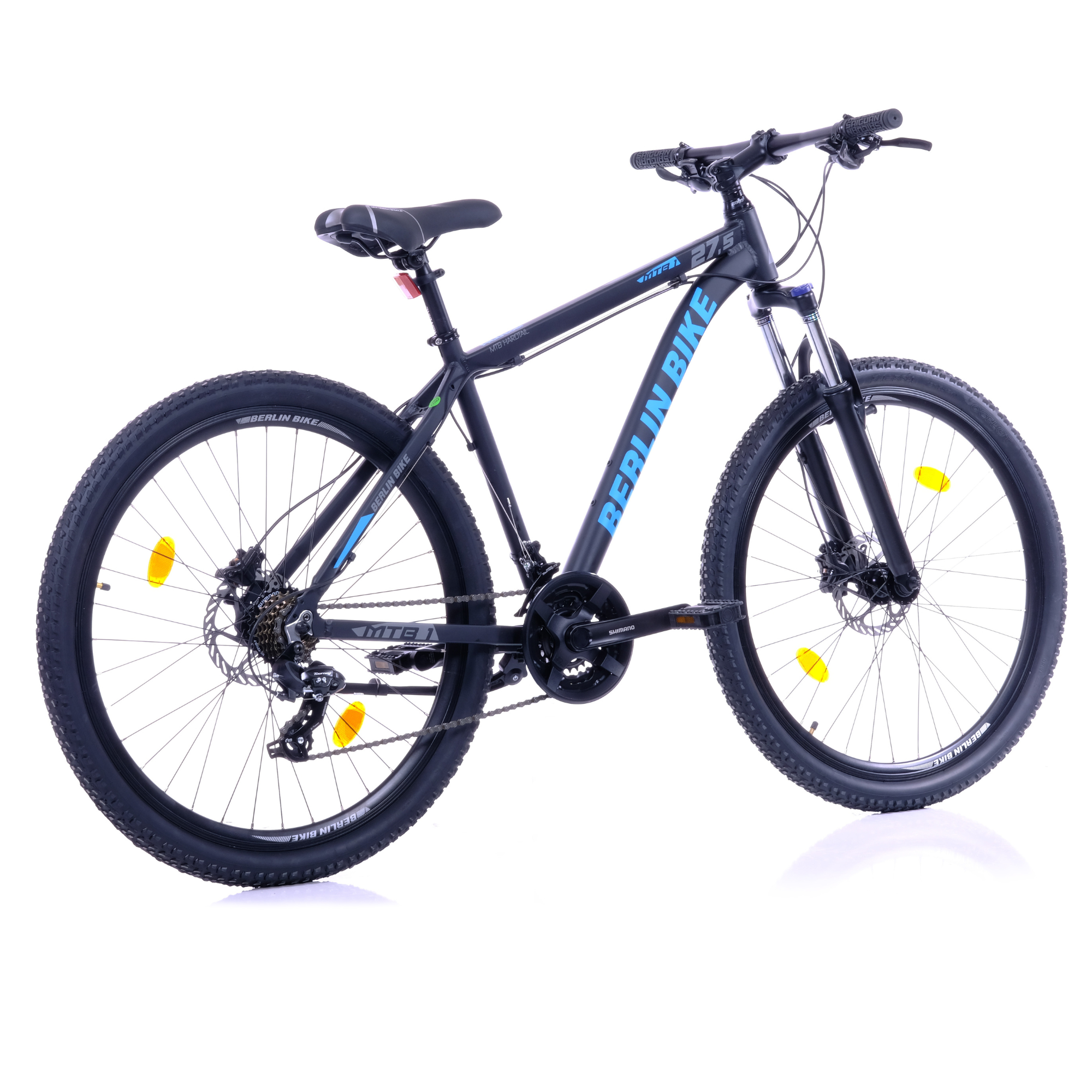 Ein schwarzes Mountainbike mit blauer Schrift 'BERLIN BIKE', auf weißem Hintergrund.