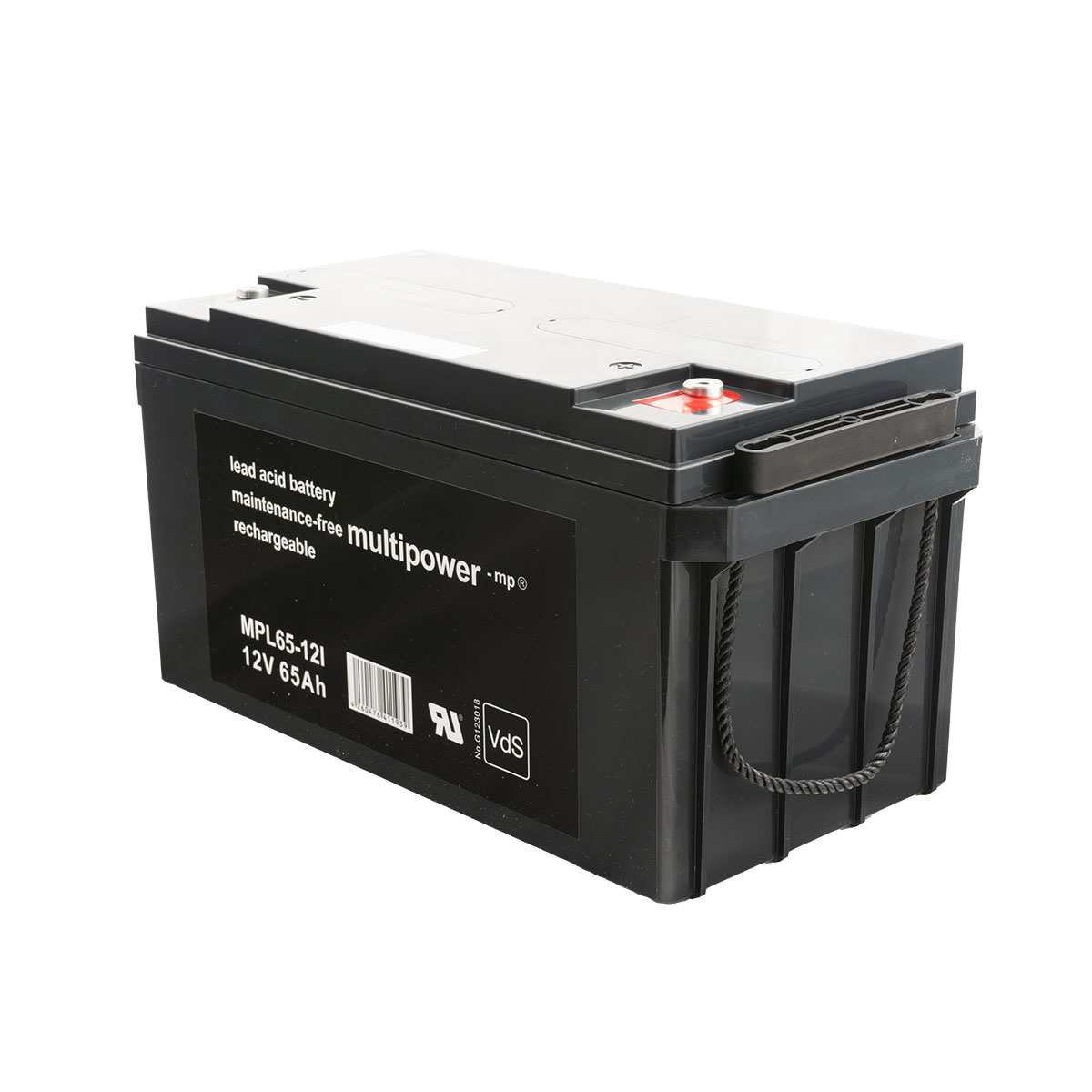 Schwarze Blei-Säure-Batterie mit Griffen, 12V 65Ah, Multipower.
