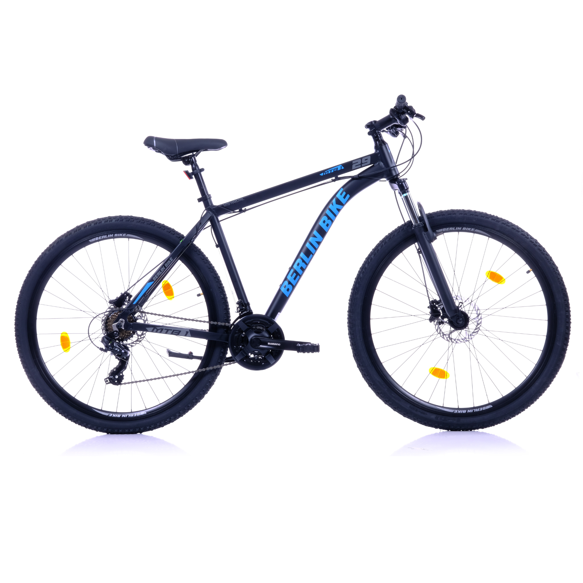 Ein schwarzes Berlin Bike Mountainbike mit blauer Schrift auf weißem Hintergrund.