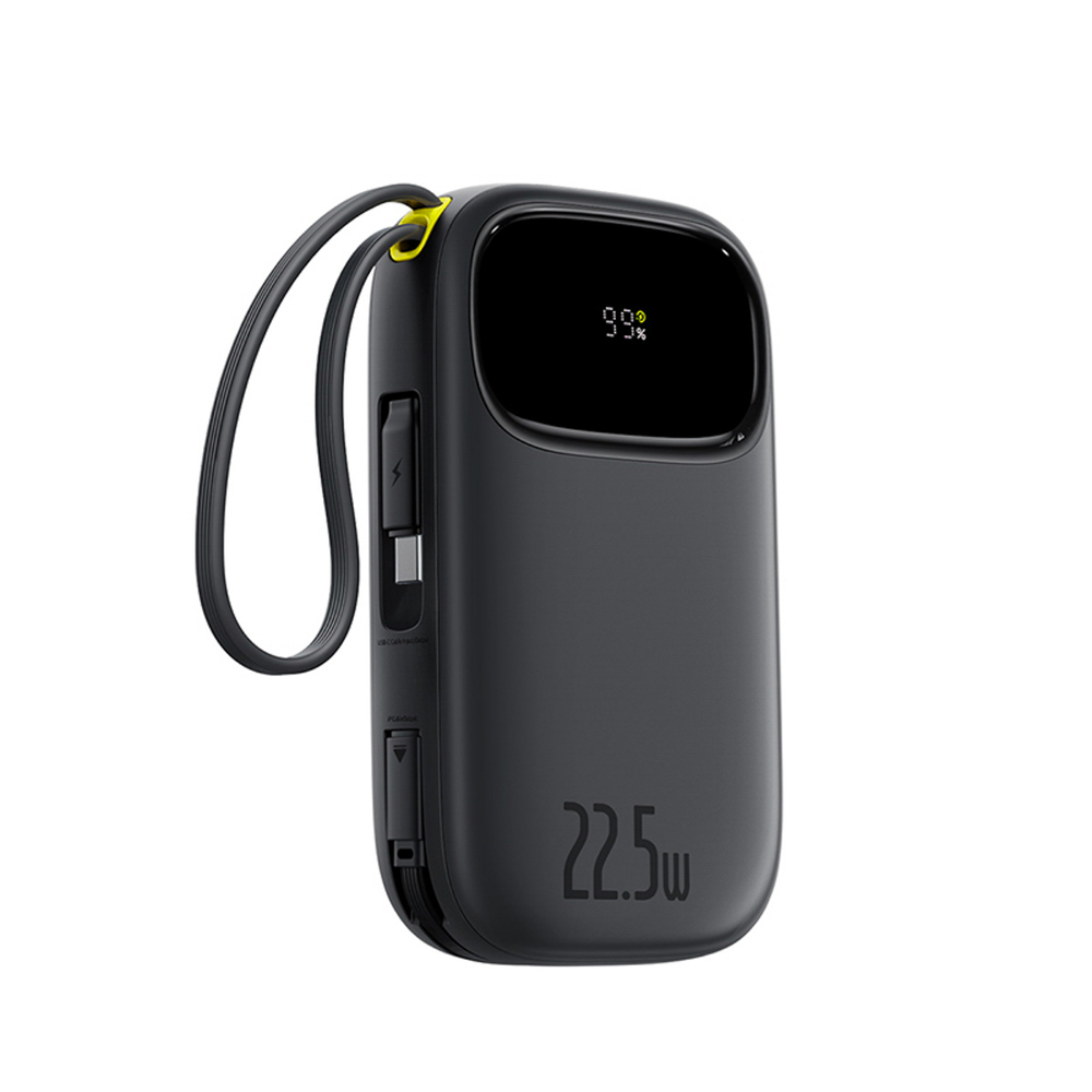 Power bank nero con display digitale (99%, 22.5W) e porta USB-C.