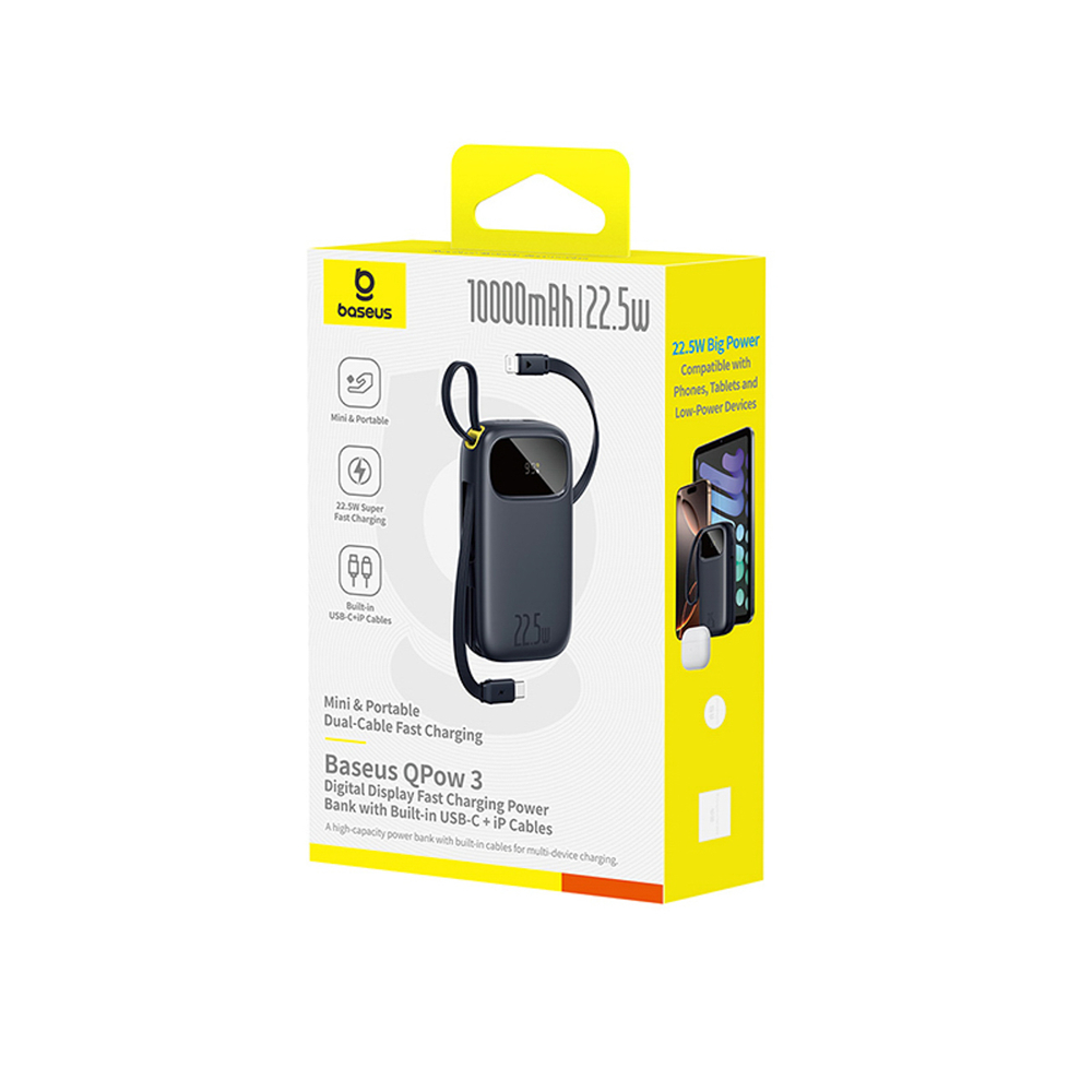 Confezione power bank Baseus QPow 3. Power bank grigio scuro con cavi, 10000mAh, 22,5W.