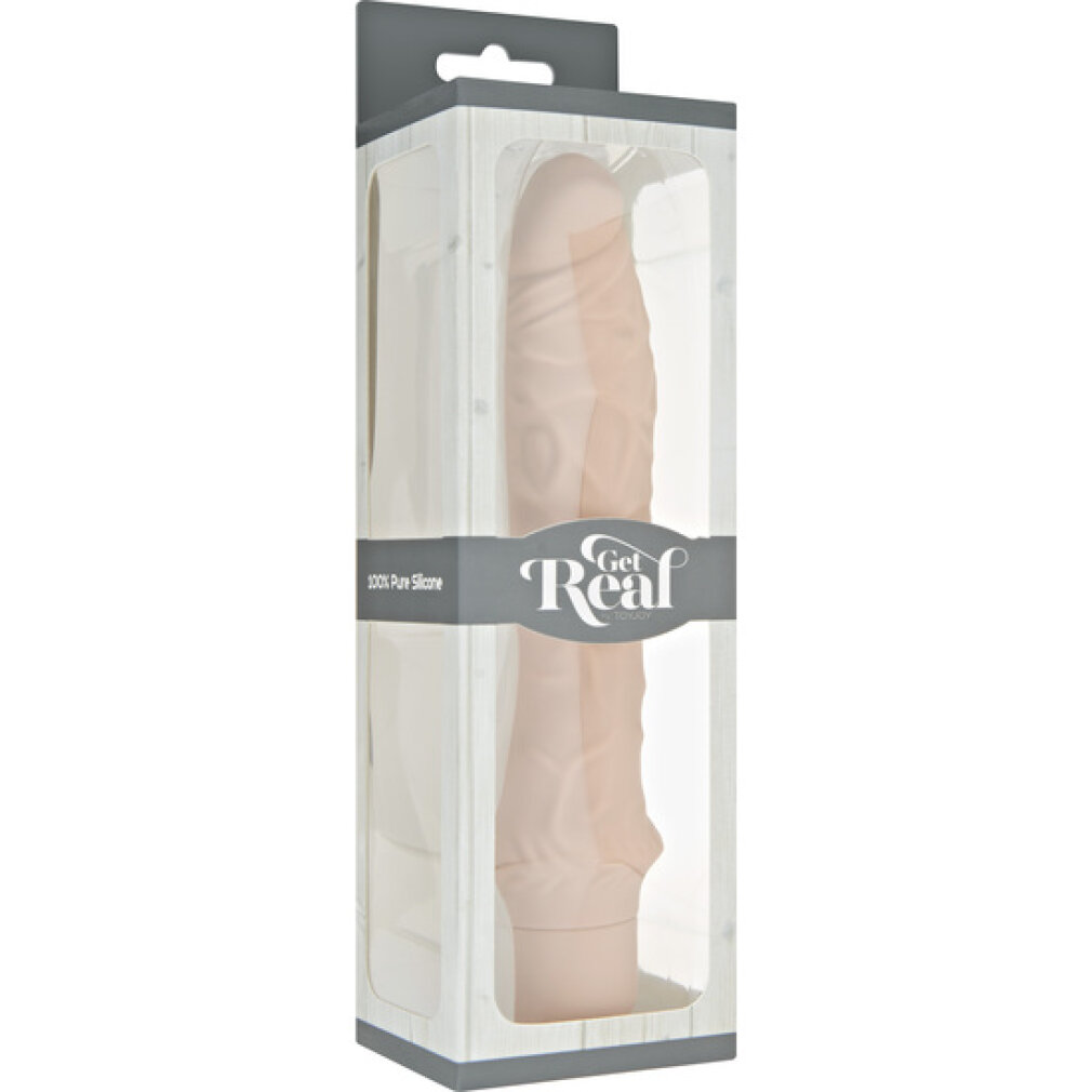 Ein hautfarbener Vibrator in einer durchsichtigen Verpackung mit dem Logo 'Get Real'.