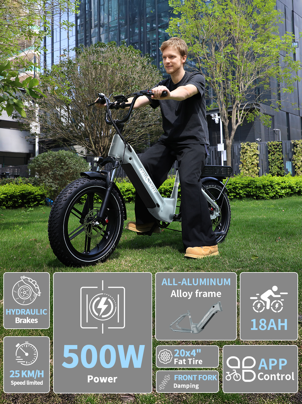 Mann fährt ein graues E-Bike mit fetten Reifen vor einem modernen Gebäude.