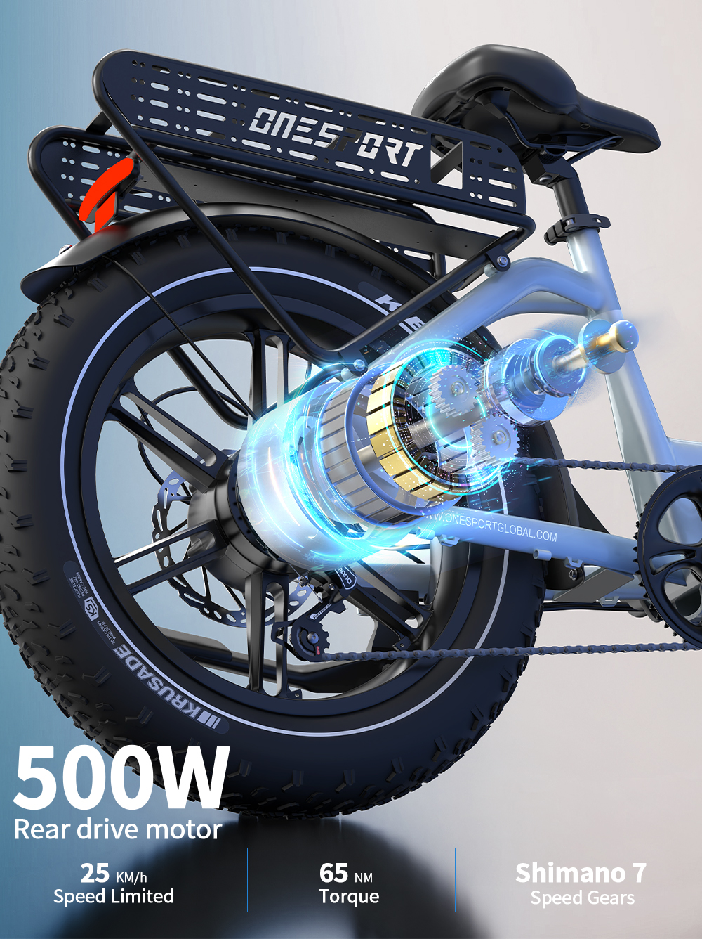 Nahaufnahme eines E-Bikes mit 500W Heckmotor, Gangschaltung und Daten.