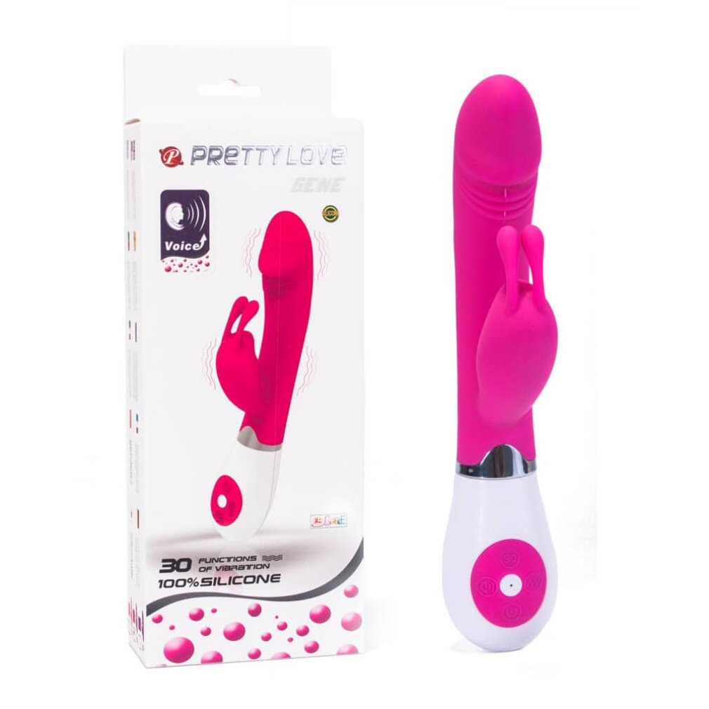Ein pinker Vibrator mit Hasenohren und weißem Griff, daneben die Verpackung.