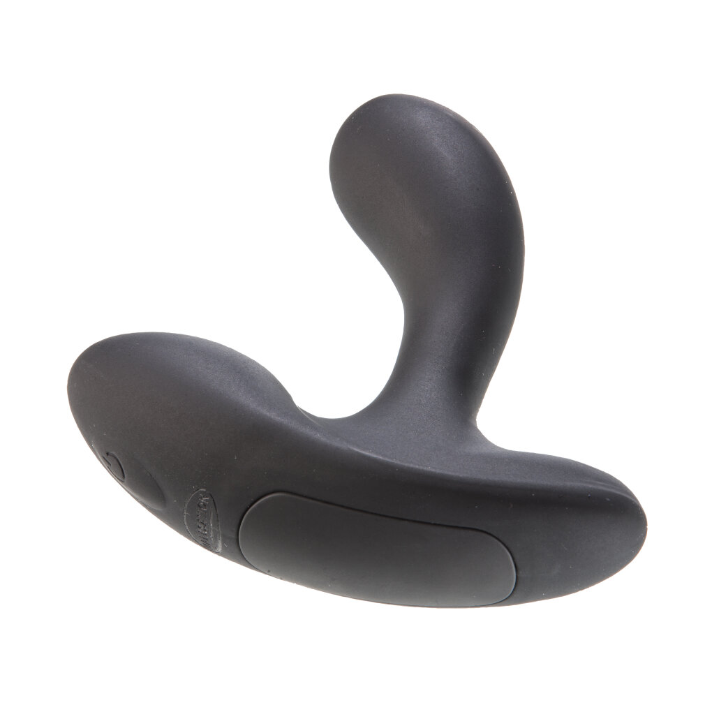 Ein schwarzer, geschwungener Vibrator mit einer abgerundeten Oberseite und einem flachen Unterteil.