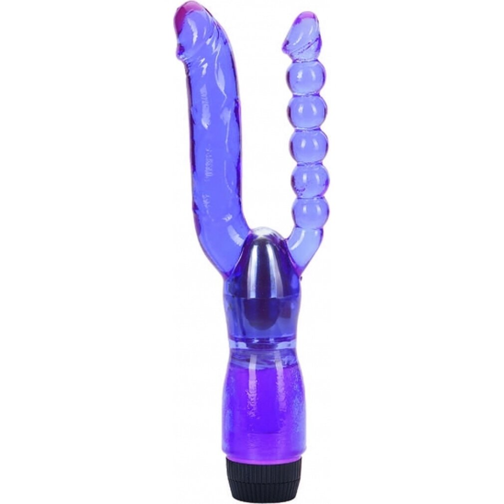 Ein transparenter violetter Vibrator mit einer Gabelform und einem Perlenanhänger.