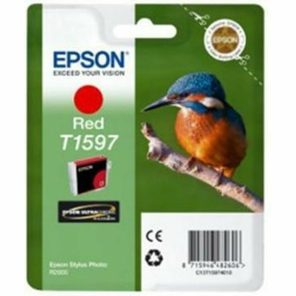 Epson T1597 rote Tintenpatrone mit Eisvogel auf Ast, CE-Zeichen, Barcode.