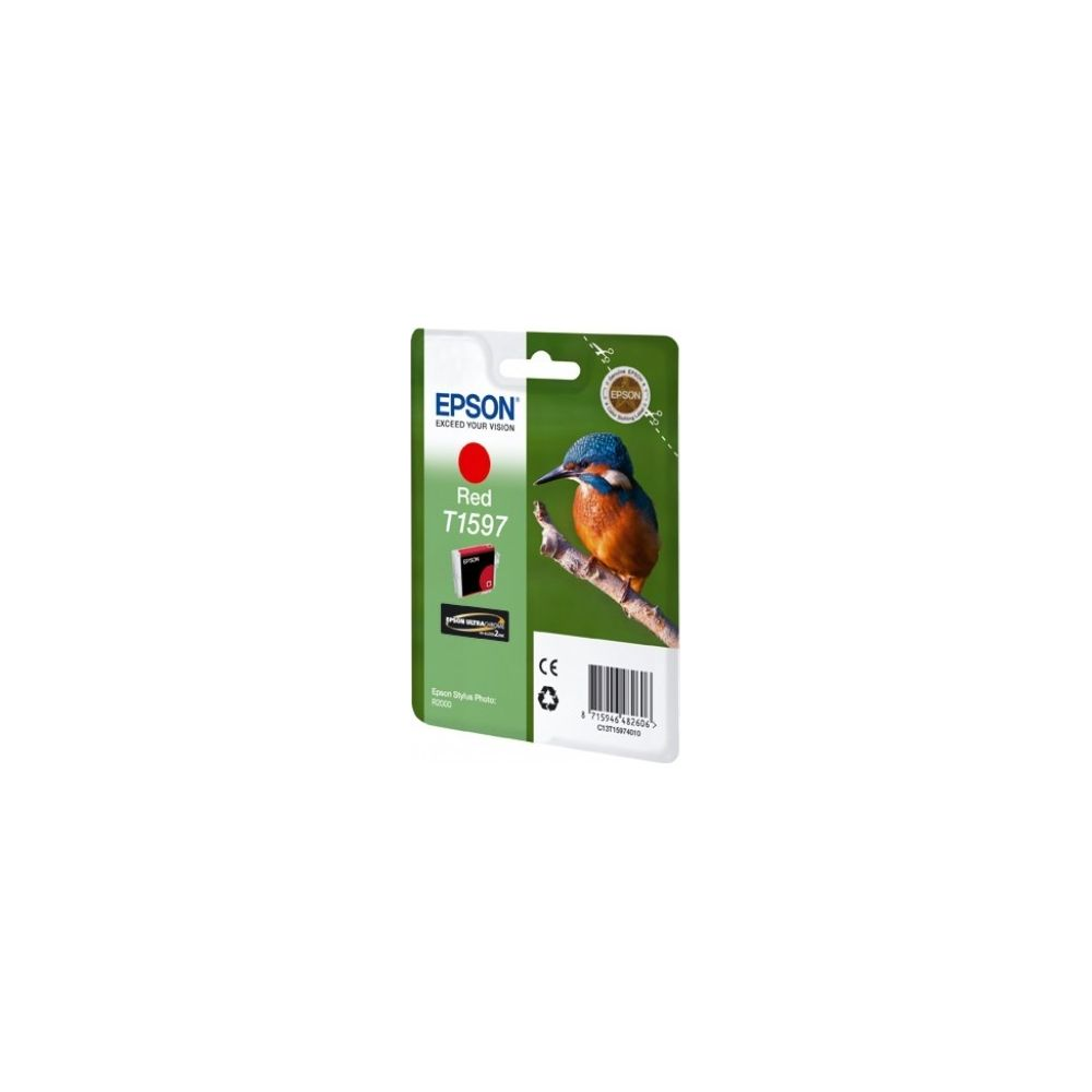 Epson T1597 rote Tintenpatrone mit Eisvogel-Motiv auf Verpackung.