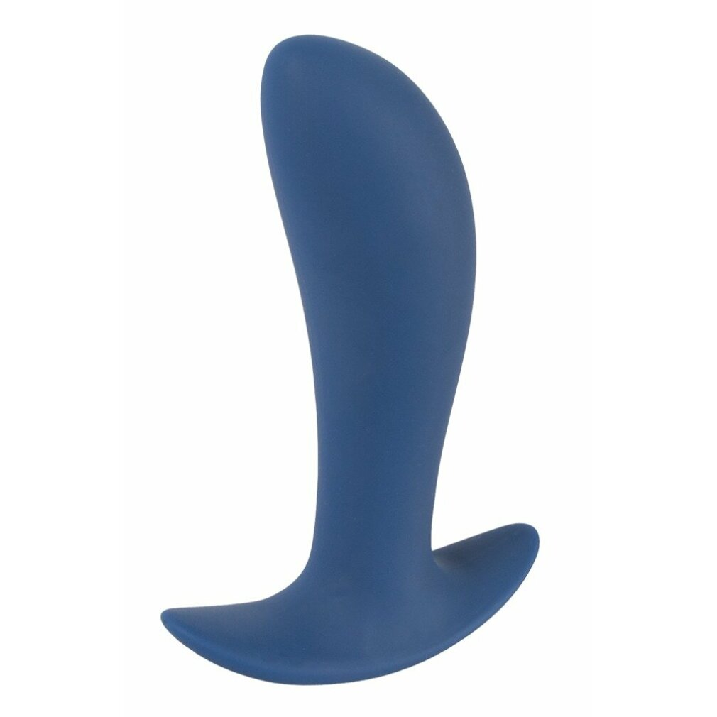 Eine blaue, geschwungene Form mit einer breiten Basis und einem sichelförmigen Ende.