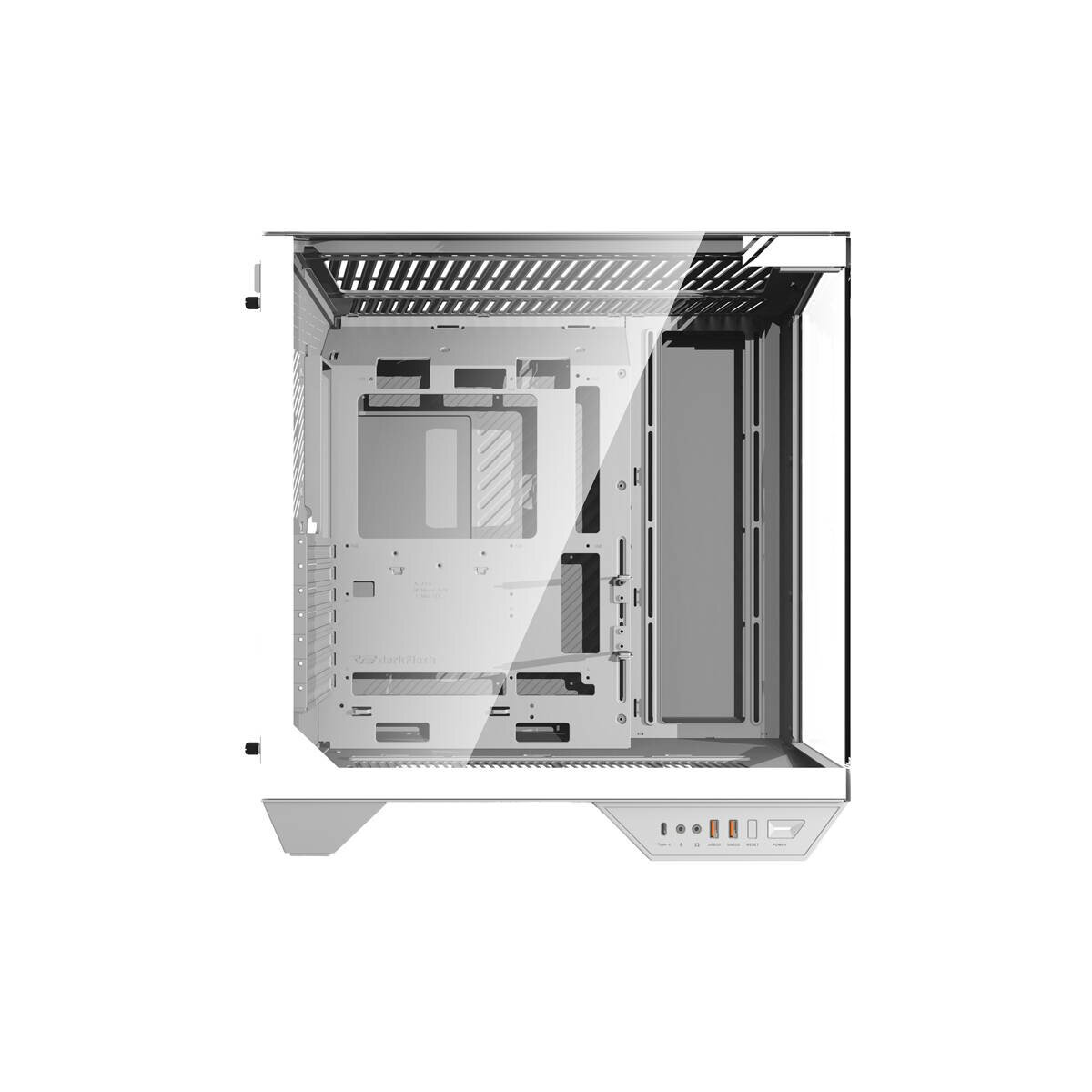 Un case per computer bianco con frontale e lati in vetro. È vuoto, mostra la struttura interna.
