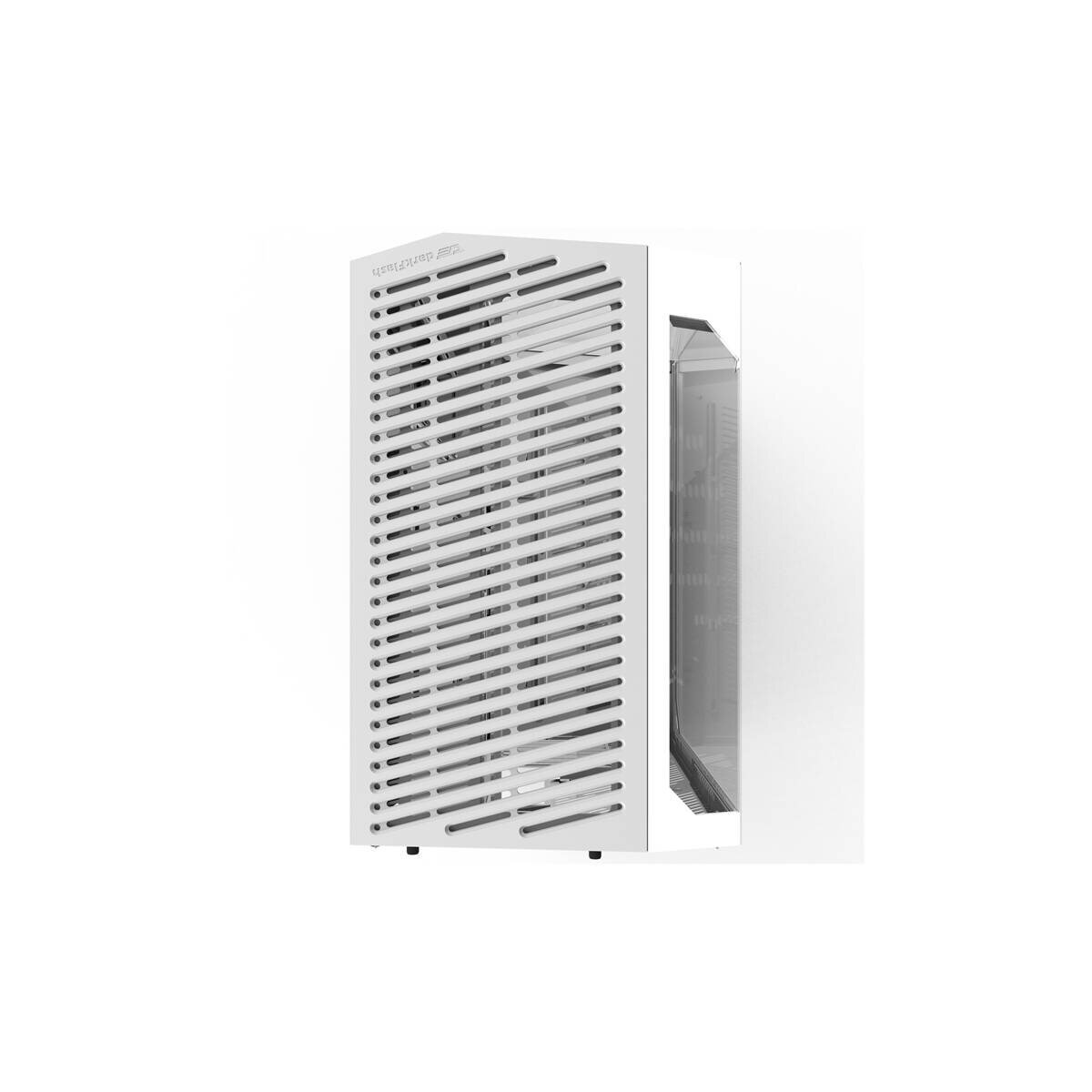 Un case per computer bianco con pannello frontale perforato e pannello laterale in vetro.
