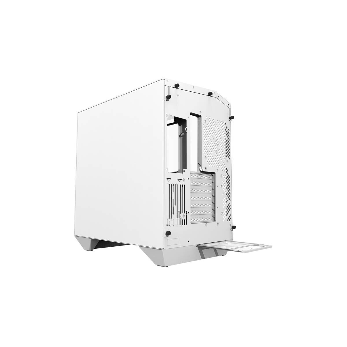 Un case per computer bianco con fessure di ventilazione e un vassoio estraibile.