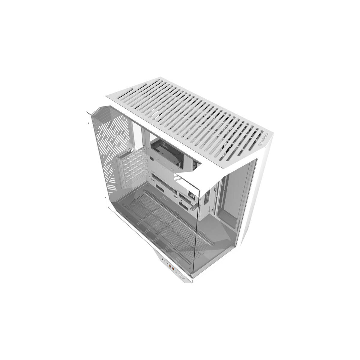 Un case per PC bianco con pannello frontale in vetro e superiore ventilato.