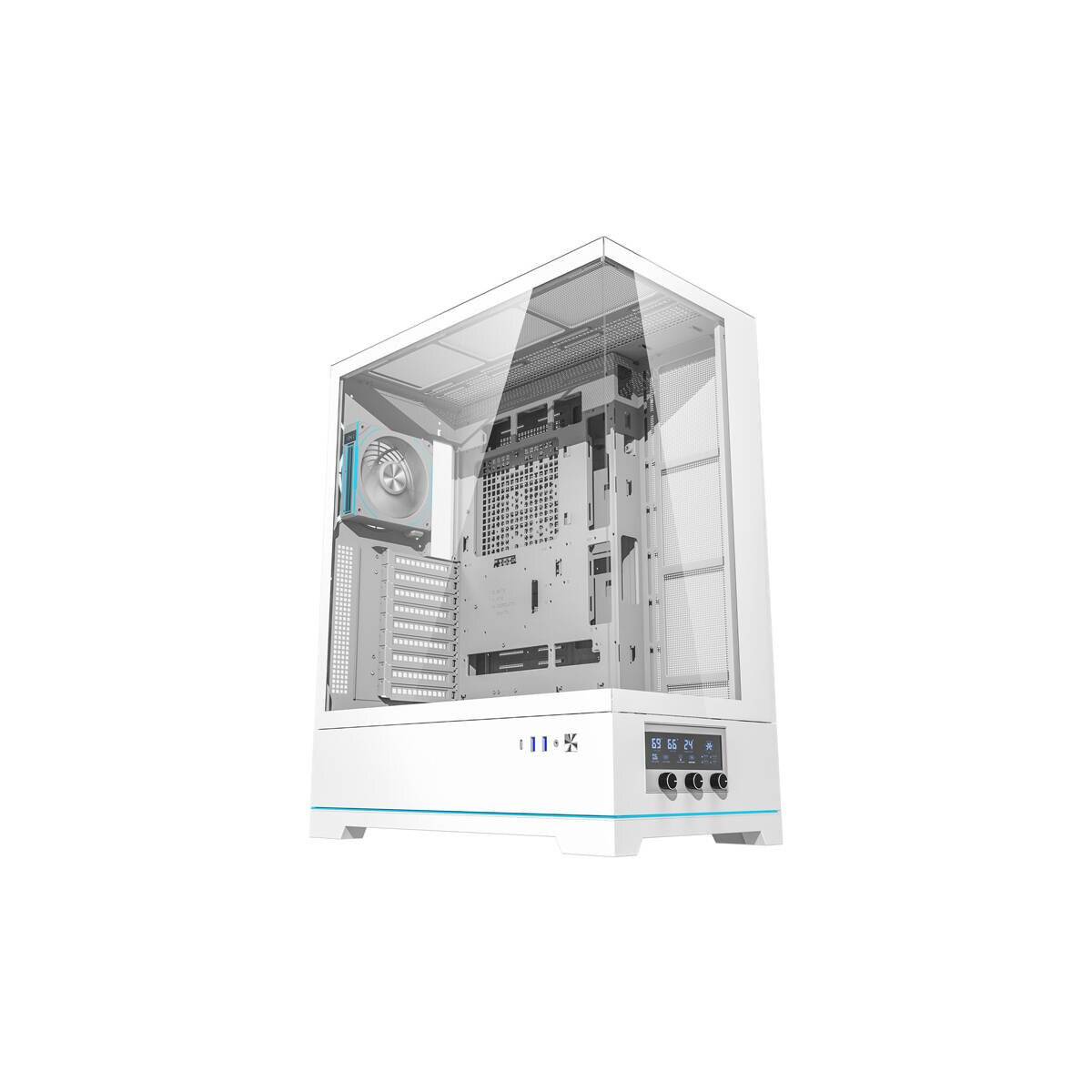 Case PC bianco con lato in vetro, componenti interni visibili, ventola blu.