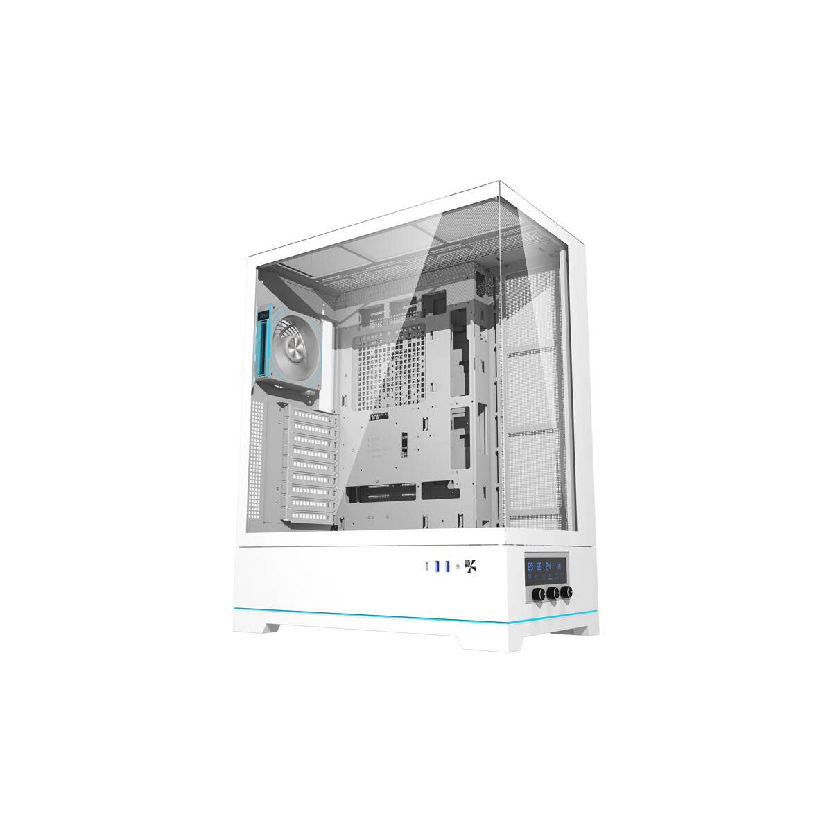 Un case per PC bianco con pannelli in vetro e accenti LED blu.