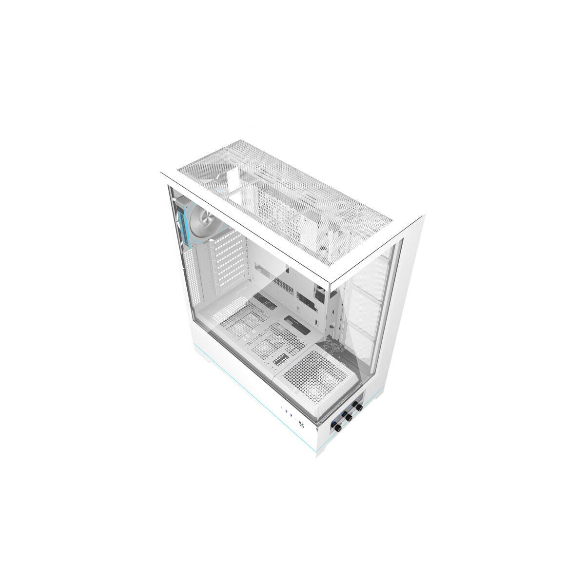 Un case per PC bianco con pannelli in vetro e ventole argentate.