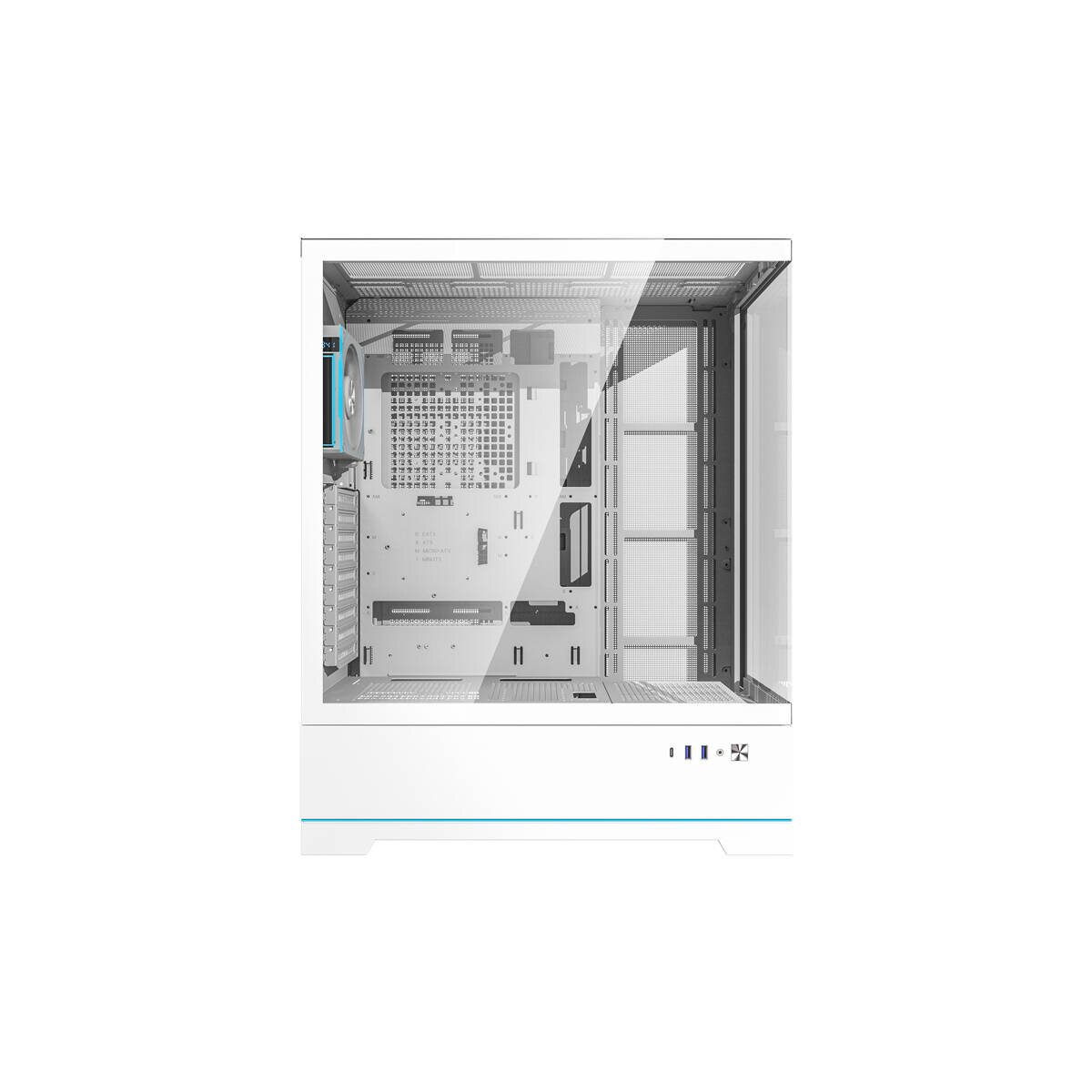Un case per computer bianco con frontale in vetro e molte prese d'aria.