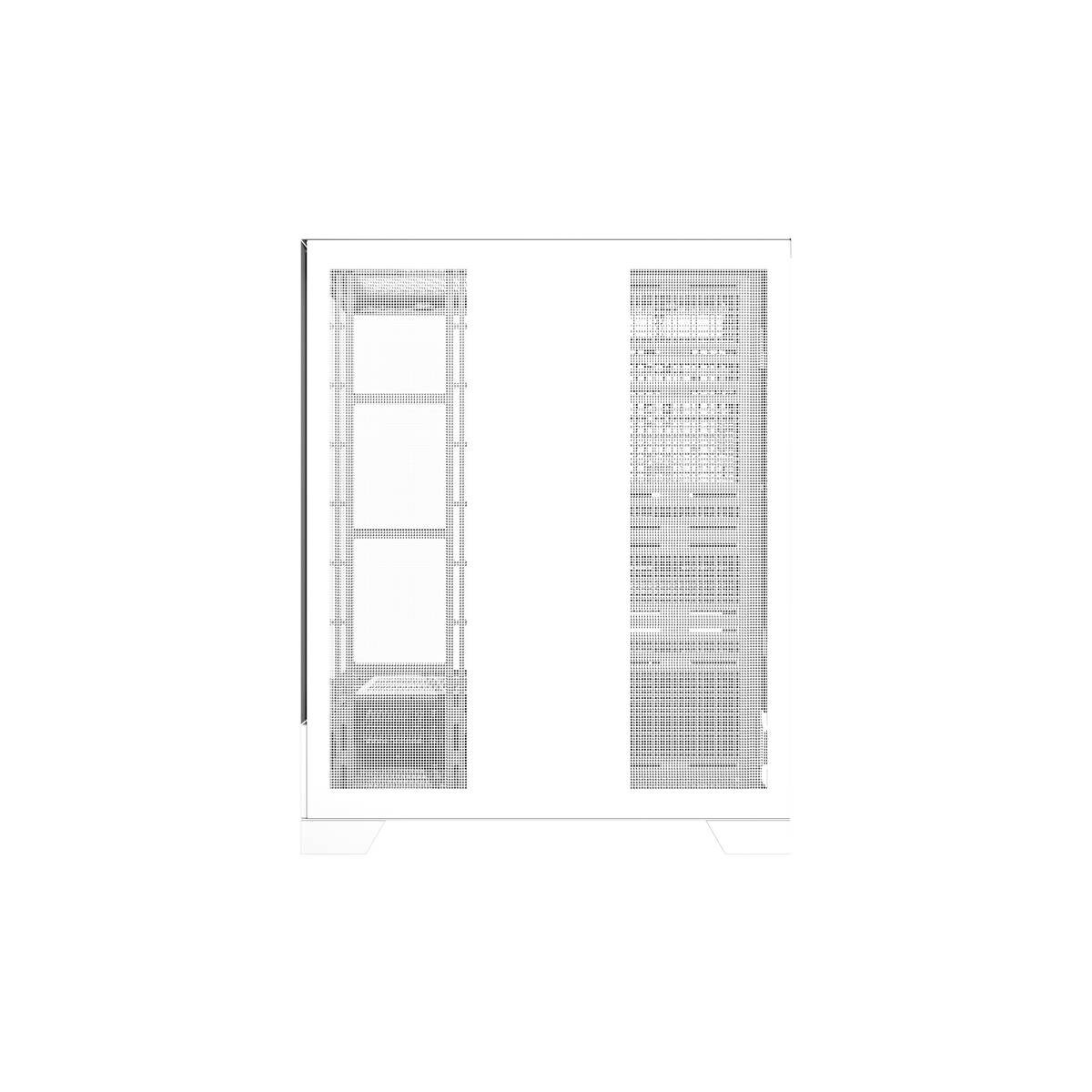 Un case del computer bianco con pannelli forati e ripiani.