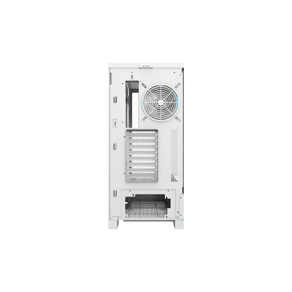 Vista posteriore di un case per computer bianco con ventola, slot di espansione e griglia.