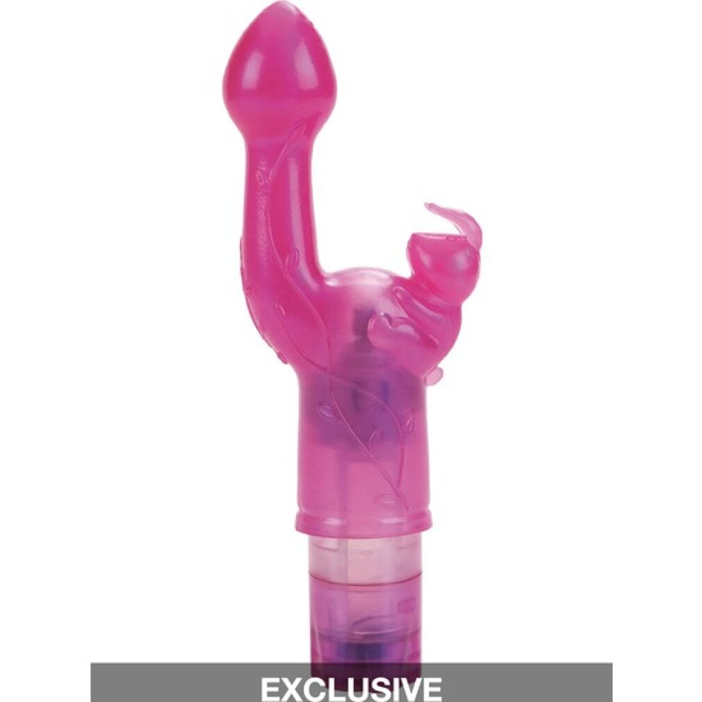 Ein pinker Vibrator mit Blätterverzierungen und einem gebogenen Kopf.