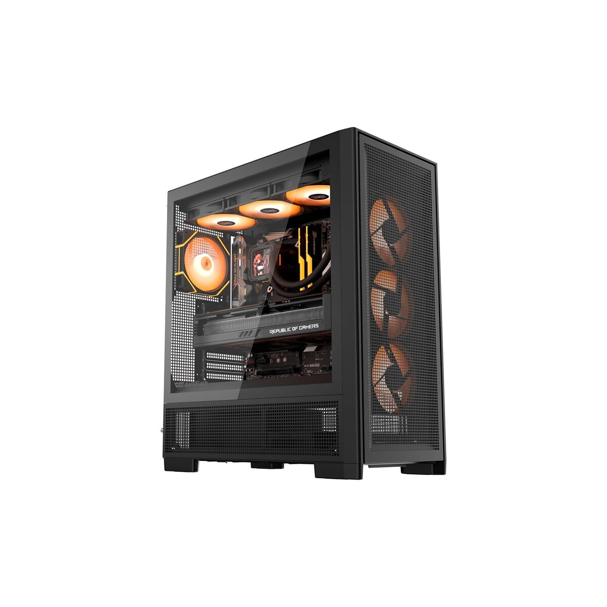 Tower del computer nero con ventole arancioni illuminate e componenti interni visibili attraverso pannello di vetro.