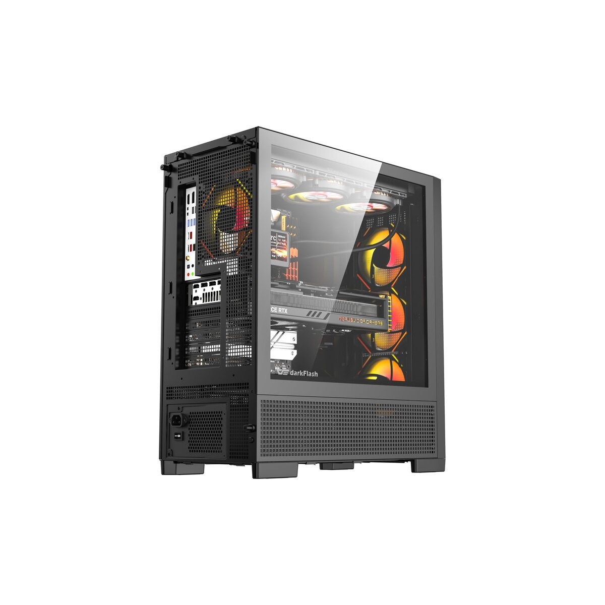 Case PC nero con finestra in vetro e ventole illuminate.