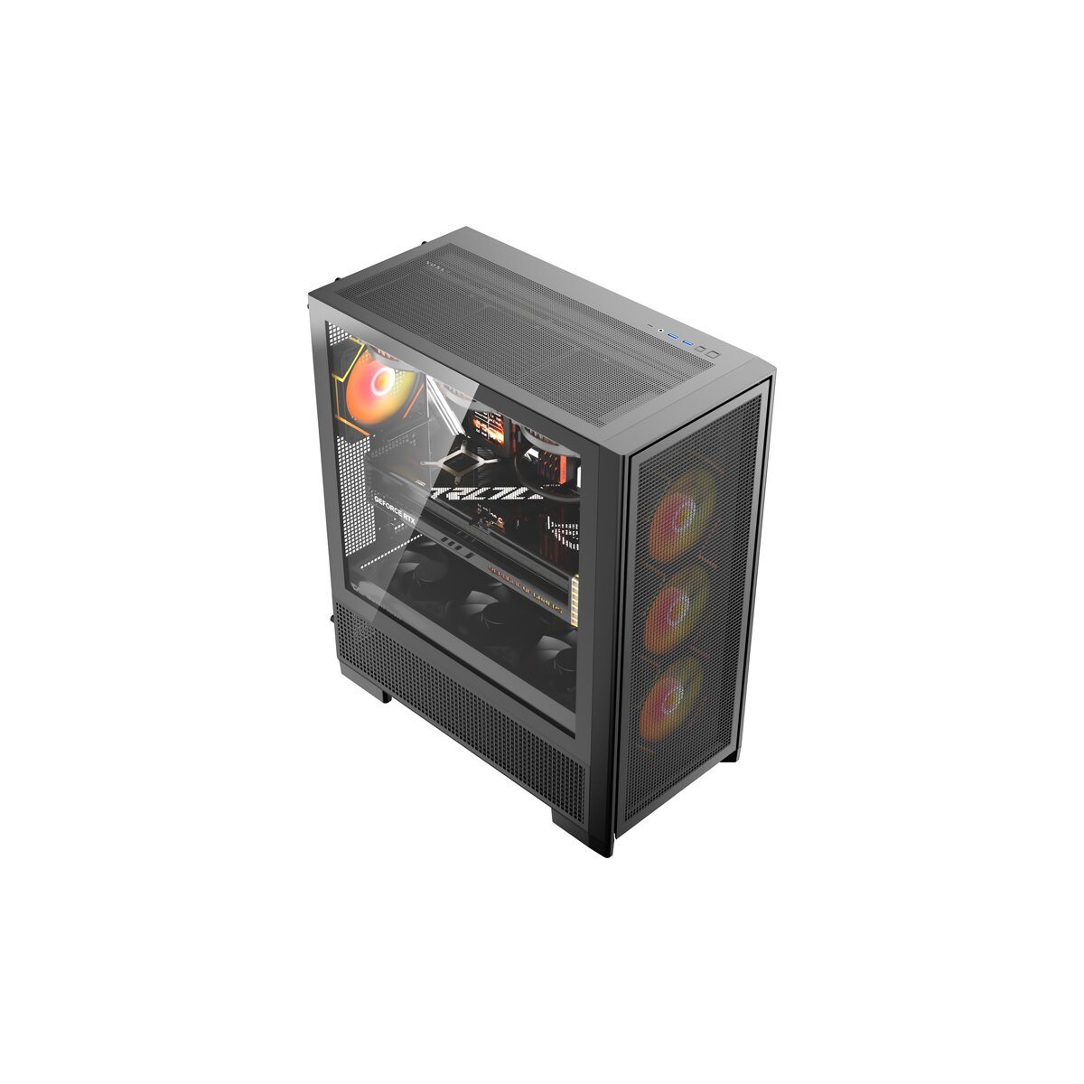 Un case del computer nero con pannello laterale in vetro e ventole illuminate.