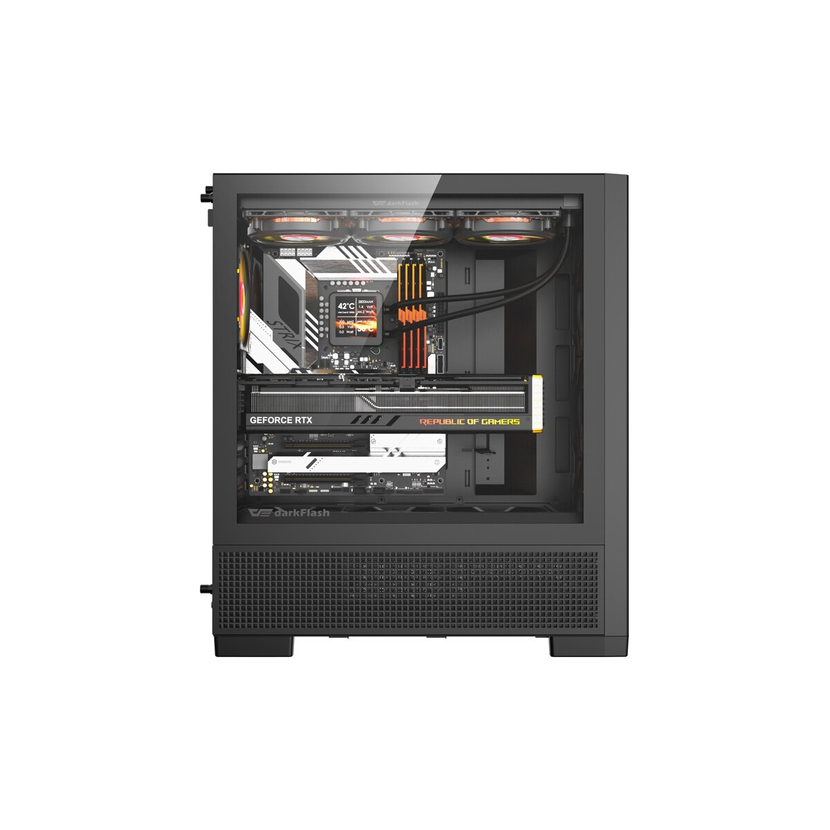 Un case PC aperto mostra ventole RGB, scheda madre, scheda grafica e ventole.