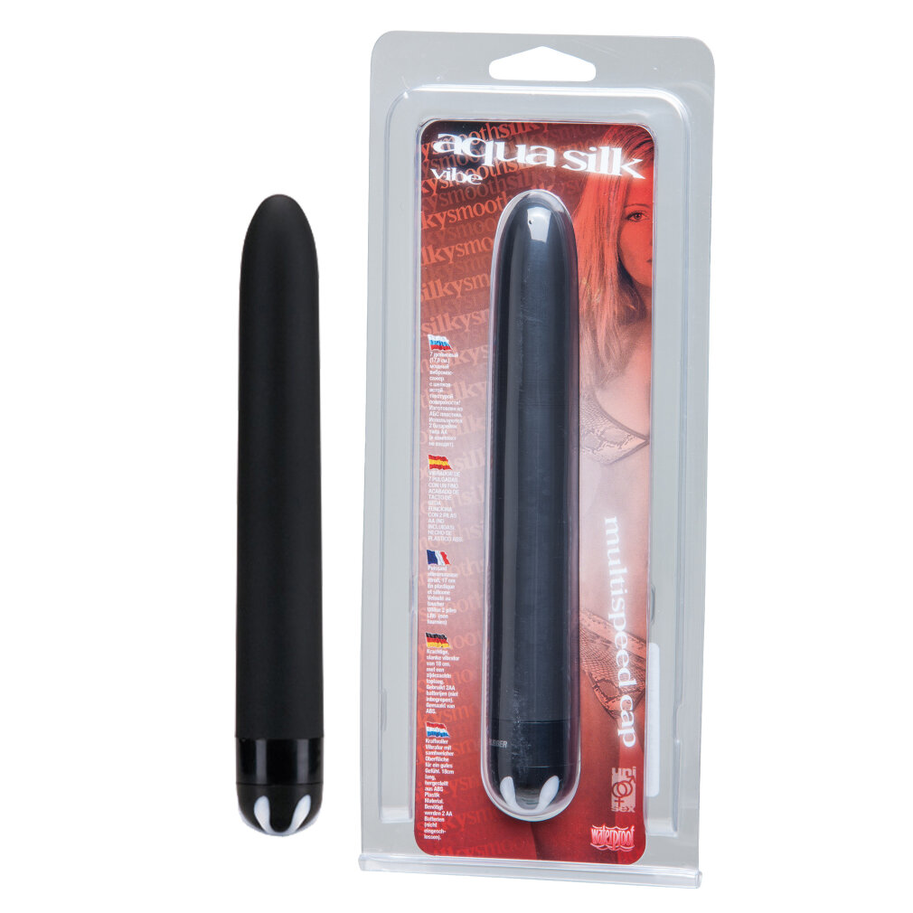 Schwarzer Vibrator neben einer Verpackung mit einem dunklen Vibrator.