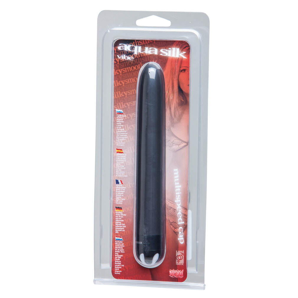 Ein schwarzer, schlanker Vibrator im "Aqua Silk" "multispeed cap" "vibe" Paket.