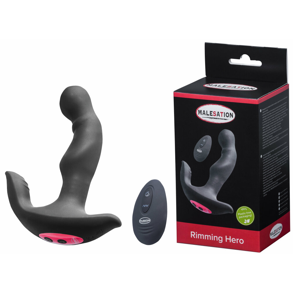 Ein schwarzes Sexspielzeug mit Fernbedienung und Verpackung.