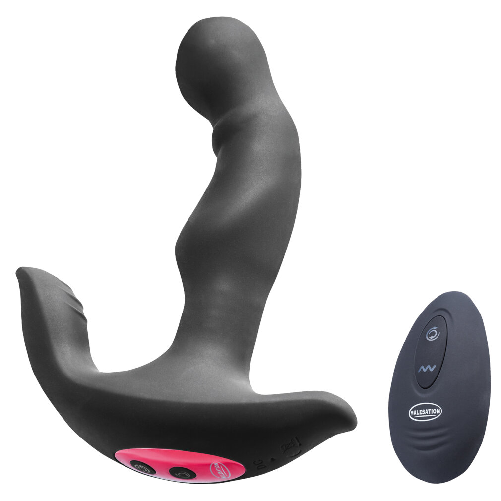 Ein grauer Vibrator mit geschwungener Form und eine Fernbedienung.