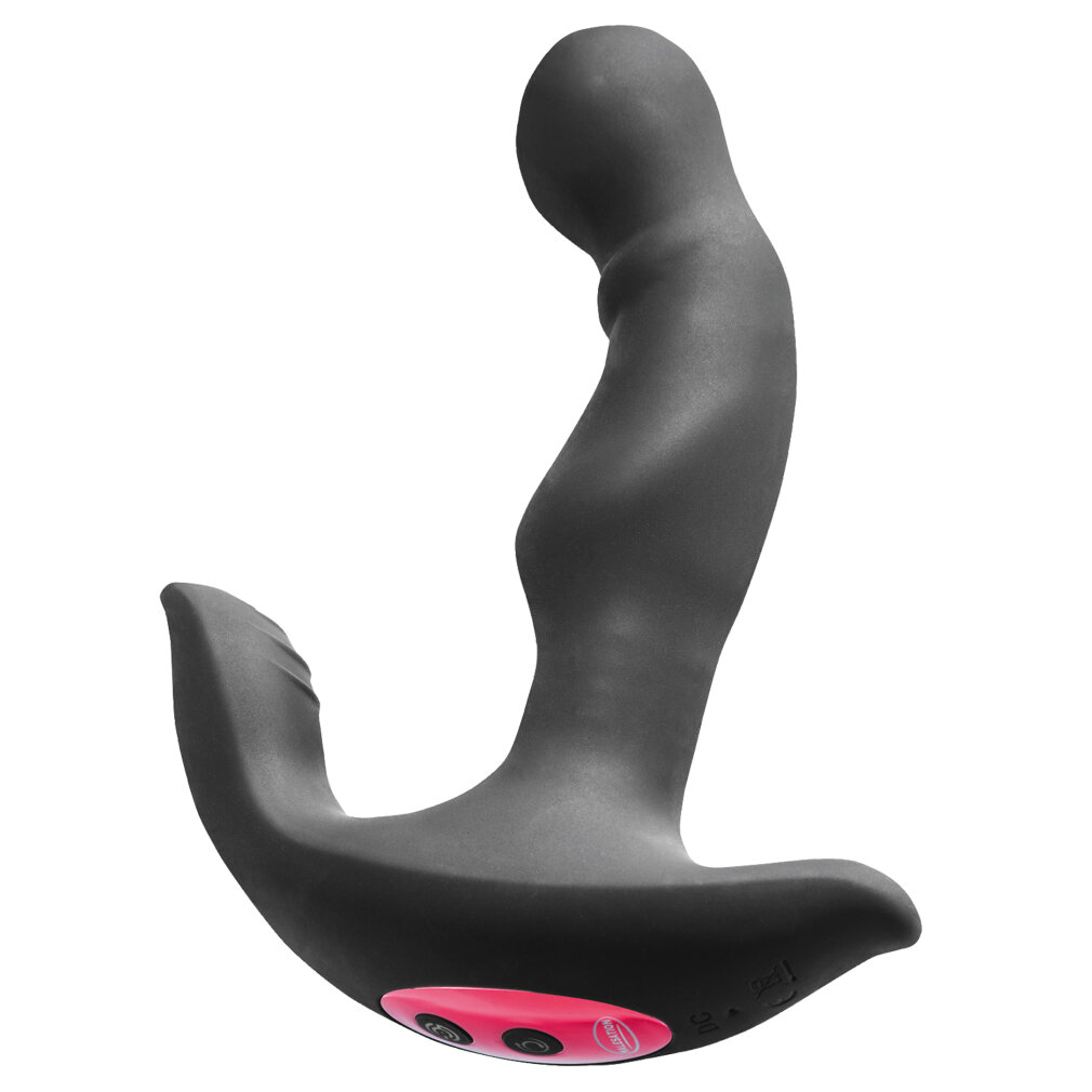 Ein schwarzer Vibrator mit gebogener Form und rosafarbenen Knöpfen.