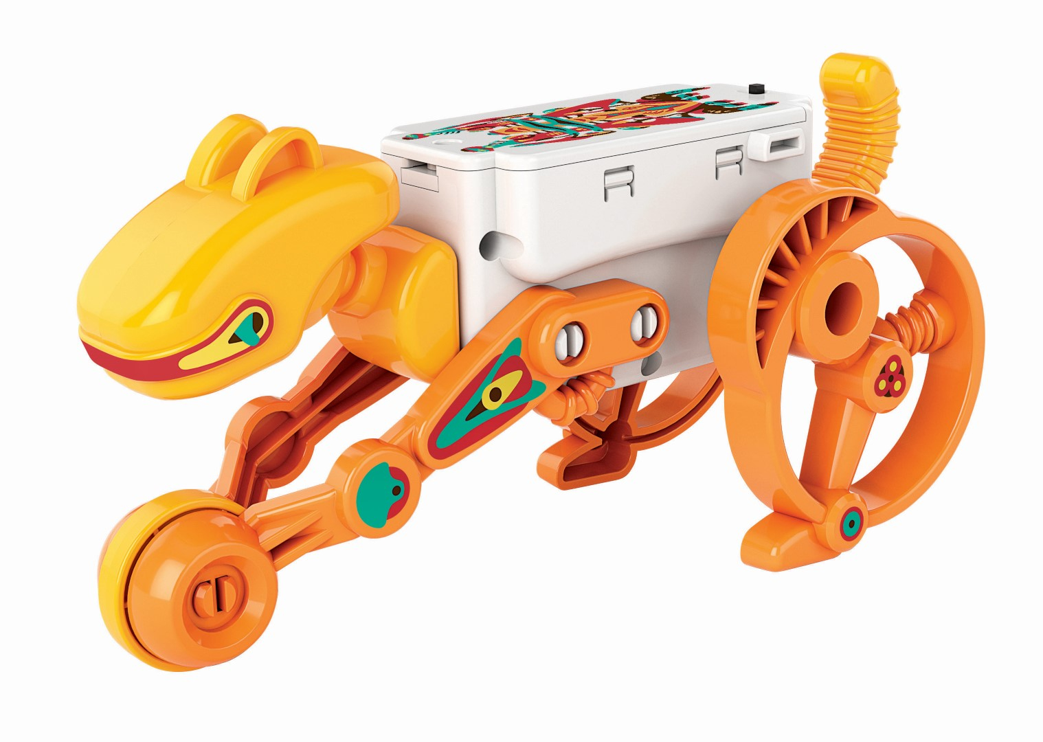 Ein gelber Roboterhund mit weißem Körper und orangen Rädern.