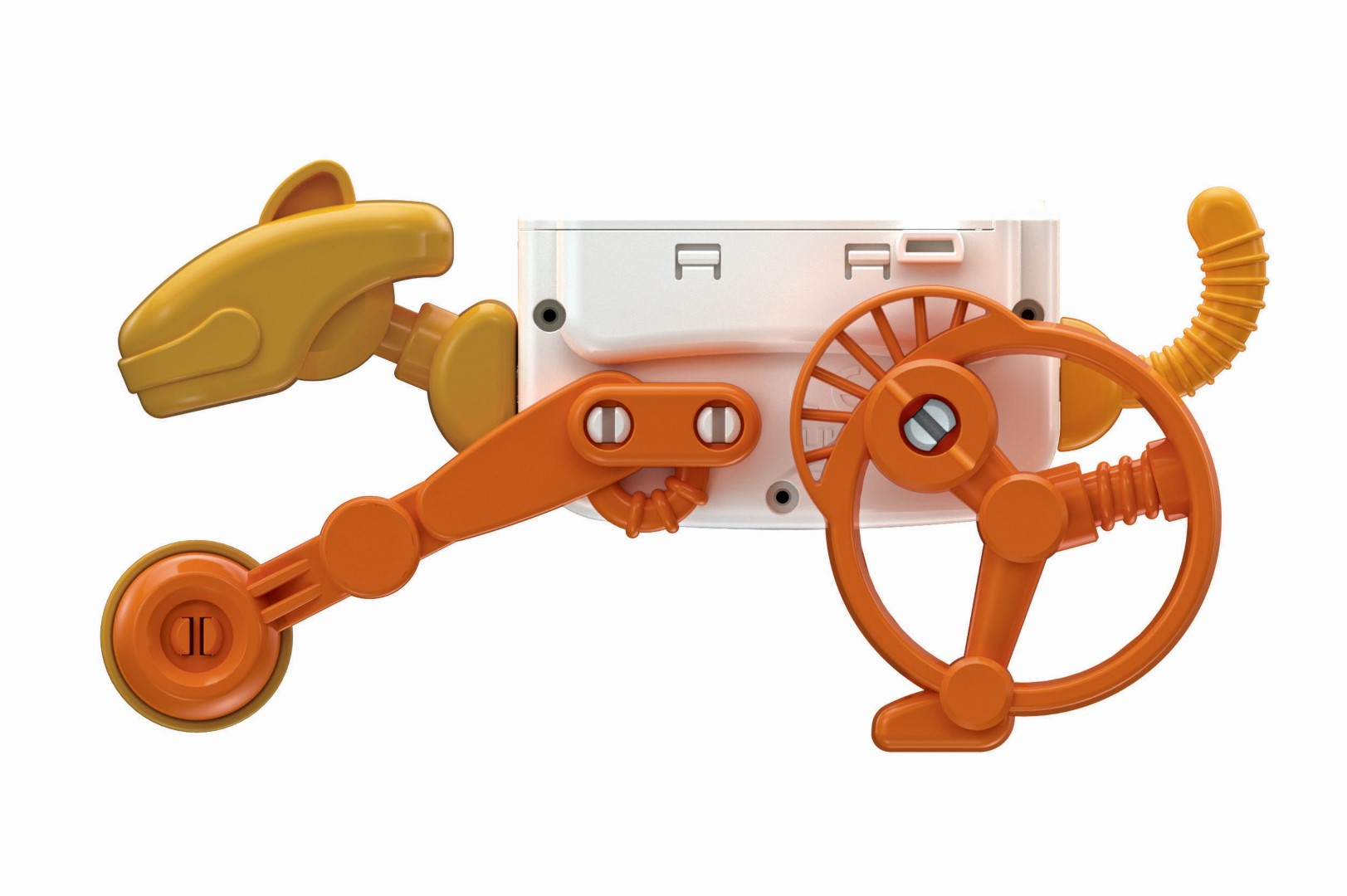 Ein gelbes Roboterteil mit Rädern und einem Lenkrad auf weißem Hintergrund.