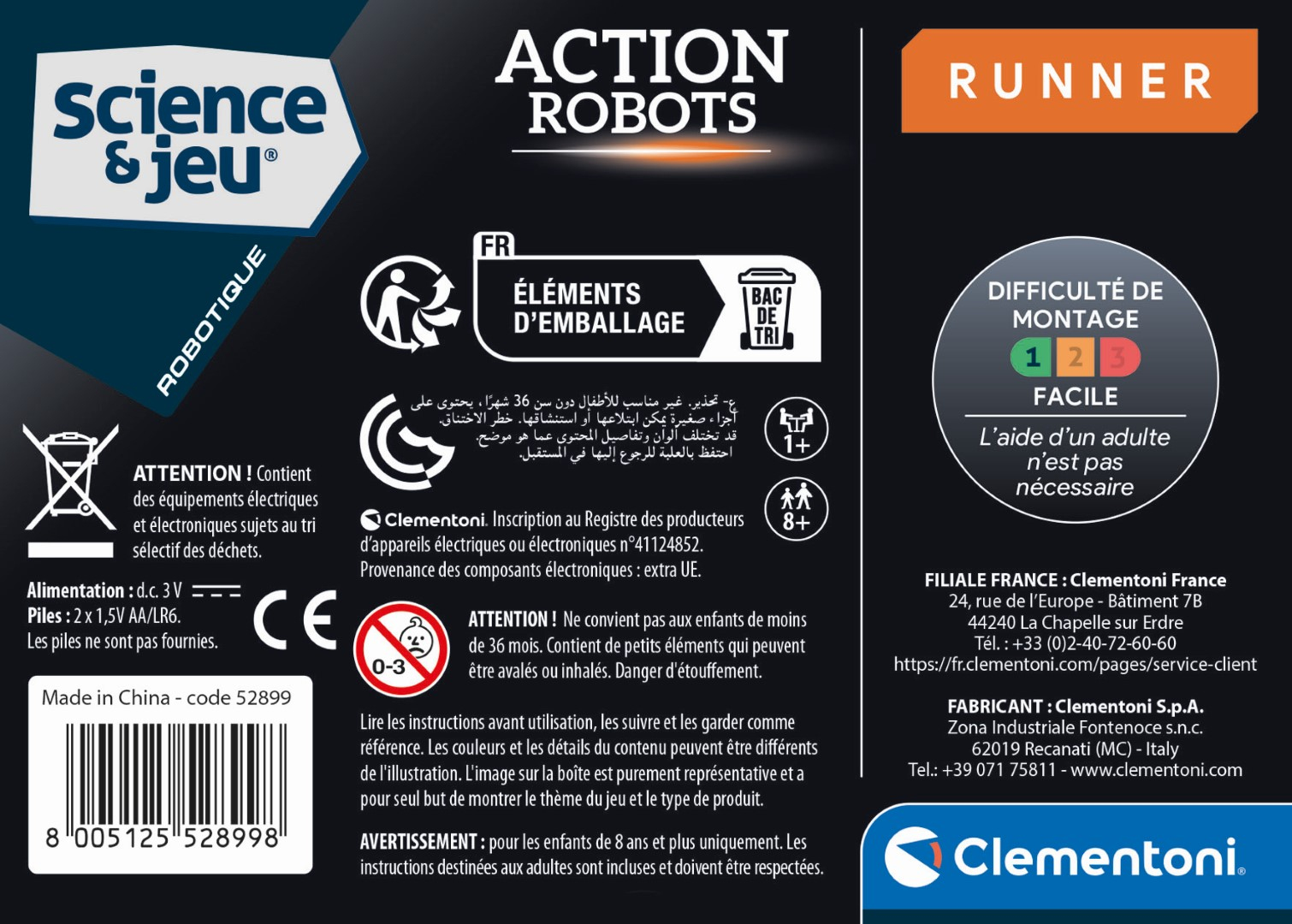 Verpackungsrückseite für Action Robots Runner. Enthält Warnhinweise und Herstellerinformationen.