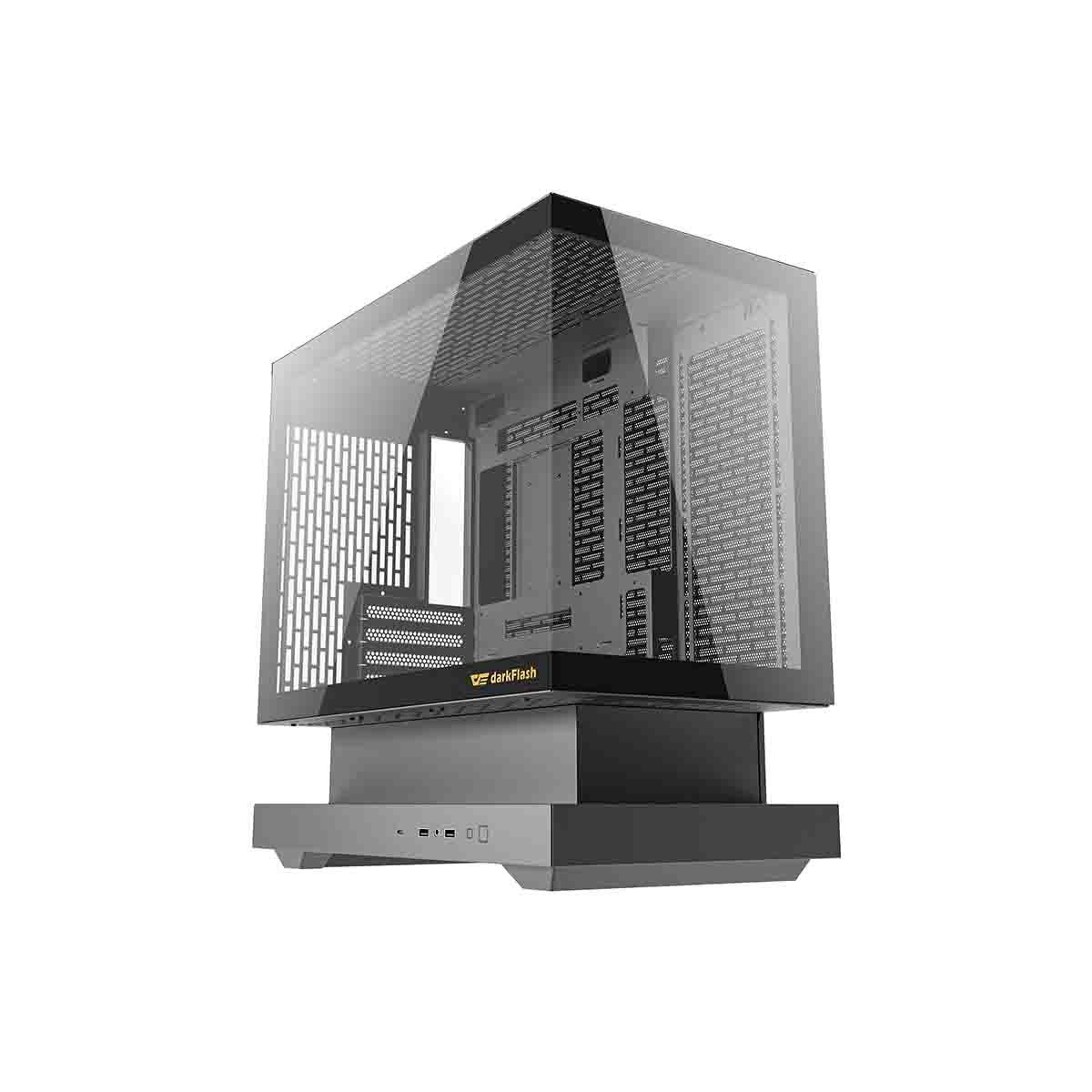 Un case per computer trasparente con cornice nera e base argentata.