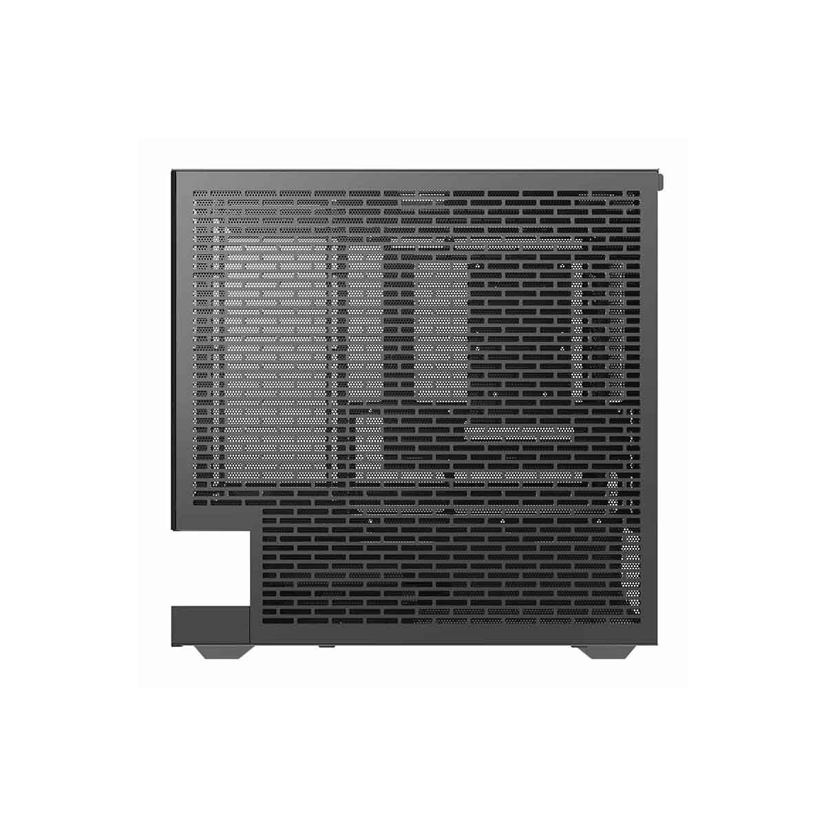 Case del computer nero con fessure di ventilazione sul lato sinistro e piedini in basso.