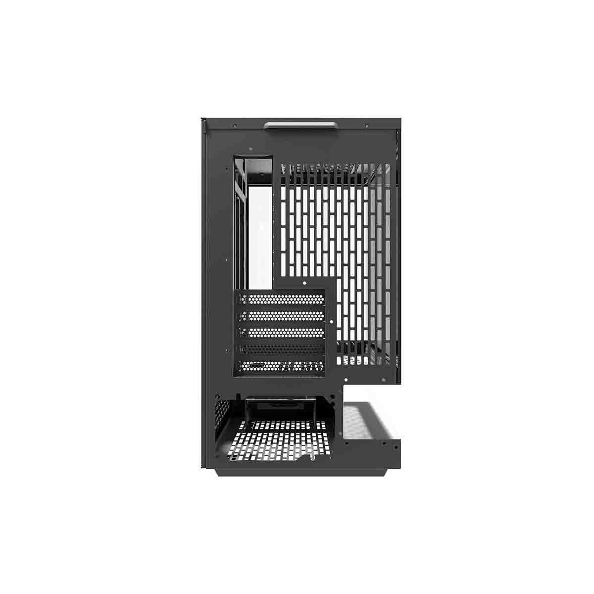 Case per computer nero con fessure di ventilazione e finestra laterale.