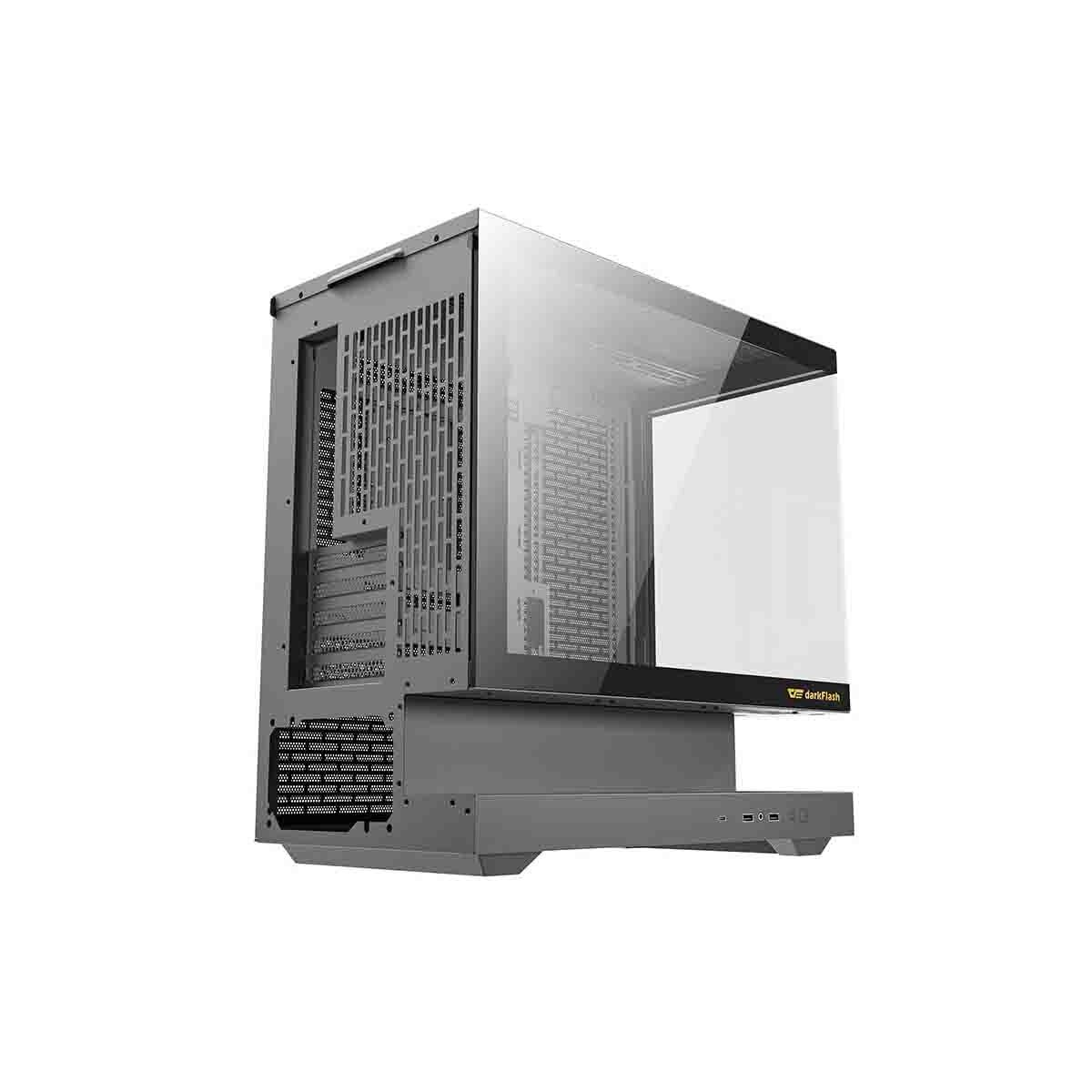 Case del computer grigio con finestra in vetro e prese d'aria.