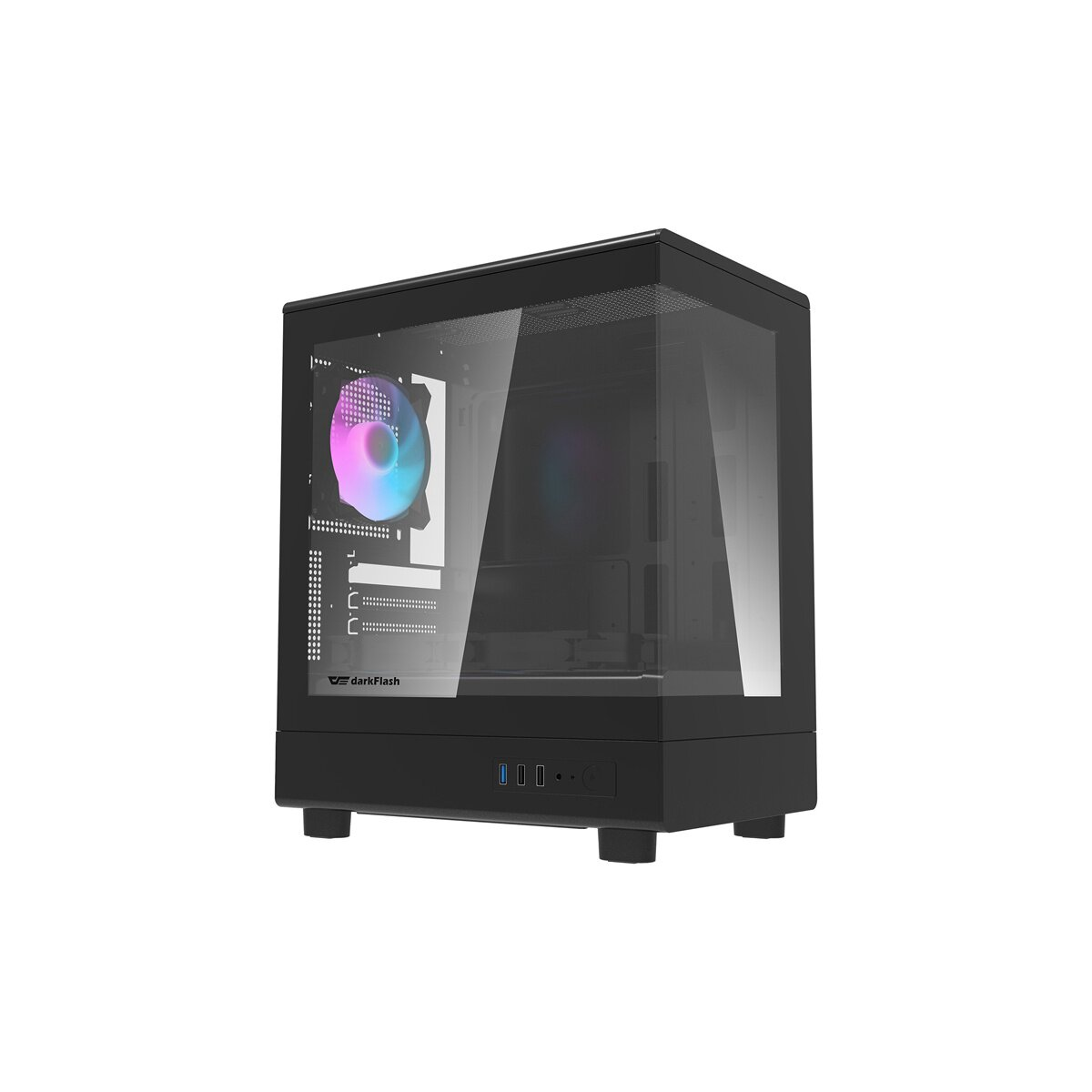 Case PC nero con pannelli in vetro e ventola illuminata.