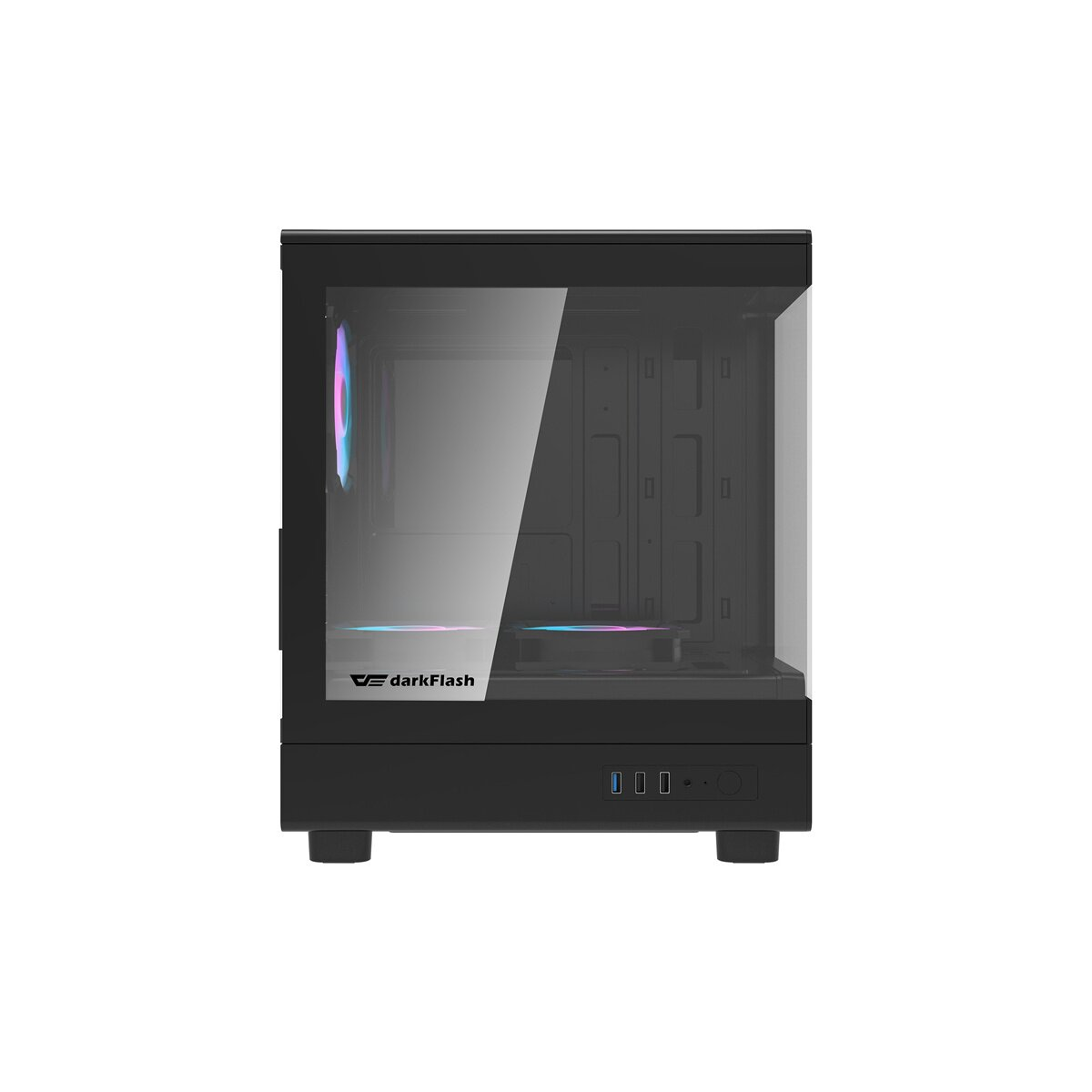 Un case per computer nero con pannello frontale in vetro e illuminazione RGB.