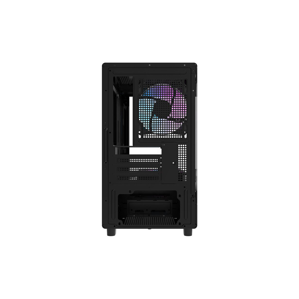 Un case per computer nero con ventola illuminata sul retro.