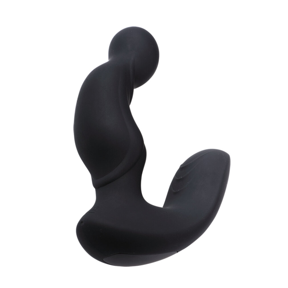 Ein schwarzer, ergonomisch geformter Vibrator mit einer geschwungenen Form.