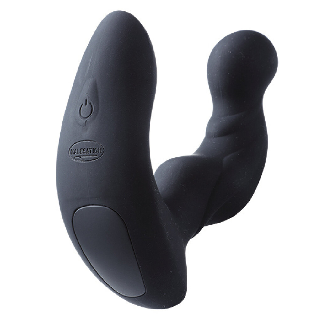 Ein schwarzer, ergonomisch geformter Vibrator mit einem Netzschalter-Symbol.