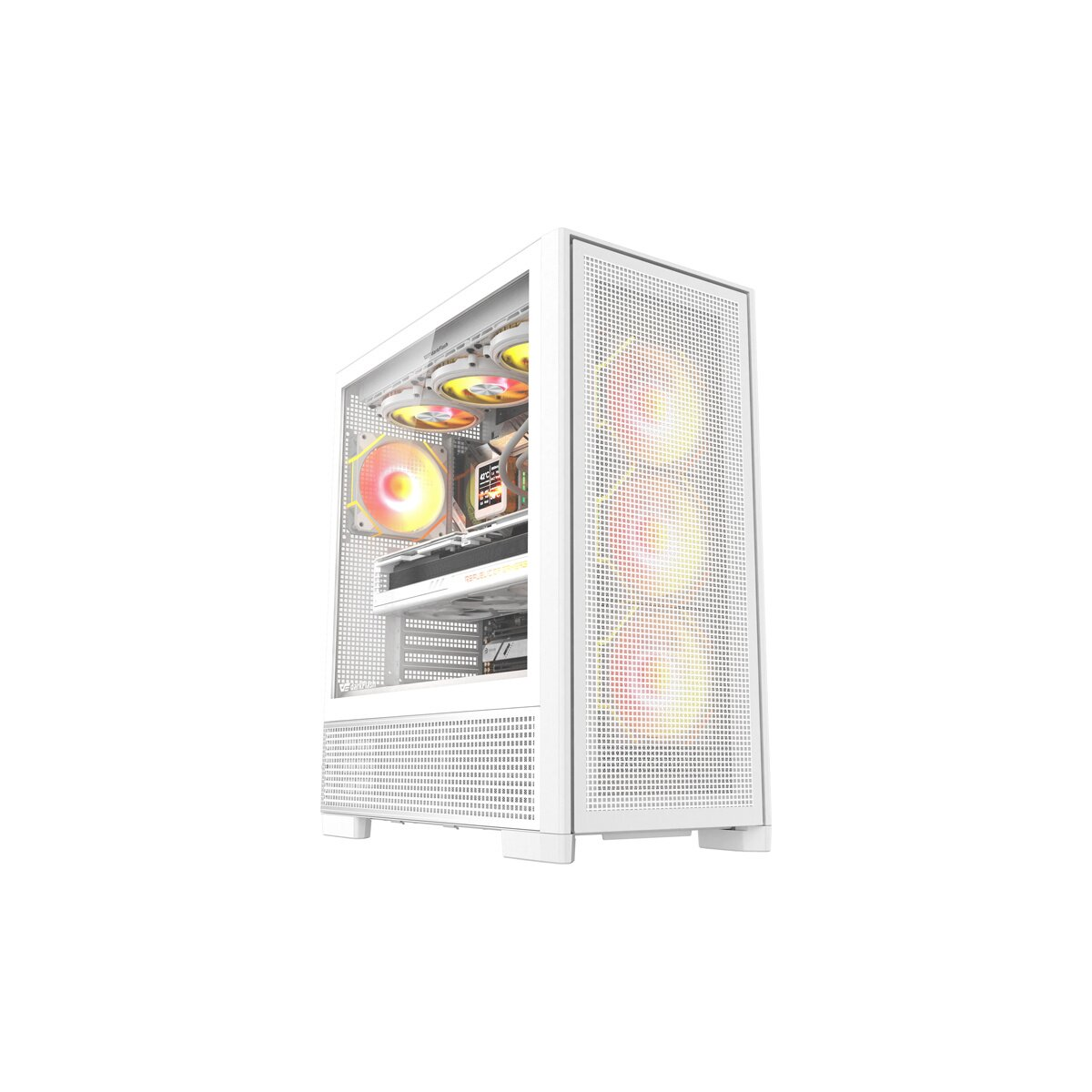 Tower del computer bianco con ventole illuminate e componenti interni visibili.