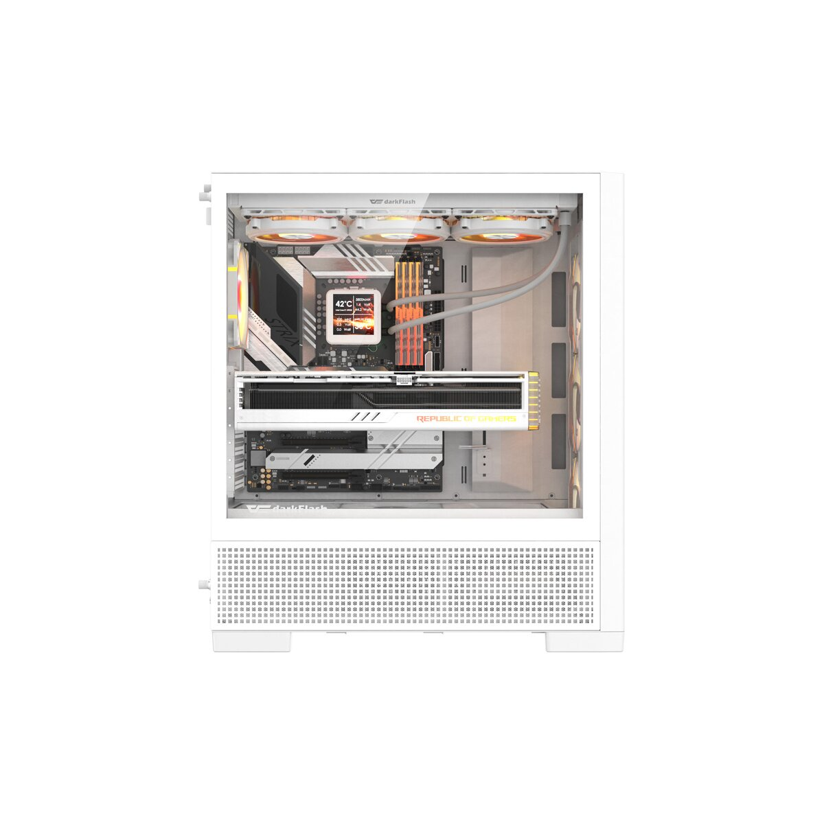 Case PC bianco con ventole RGB, scheda madre, GPU e dissipatore CPU.